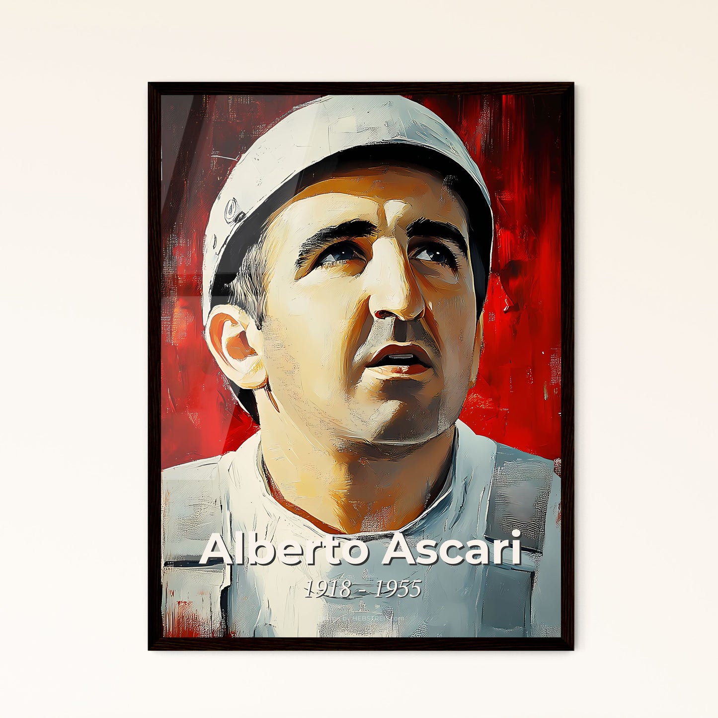 Portrait of Alberto Ascari, 1918 - 1955. Impressionistic painting of a man wearing a white helmet.