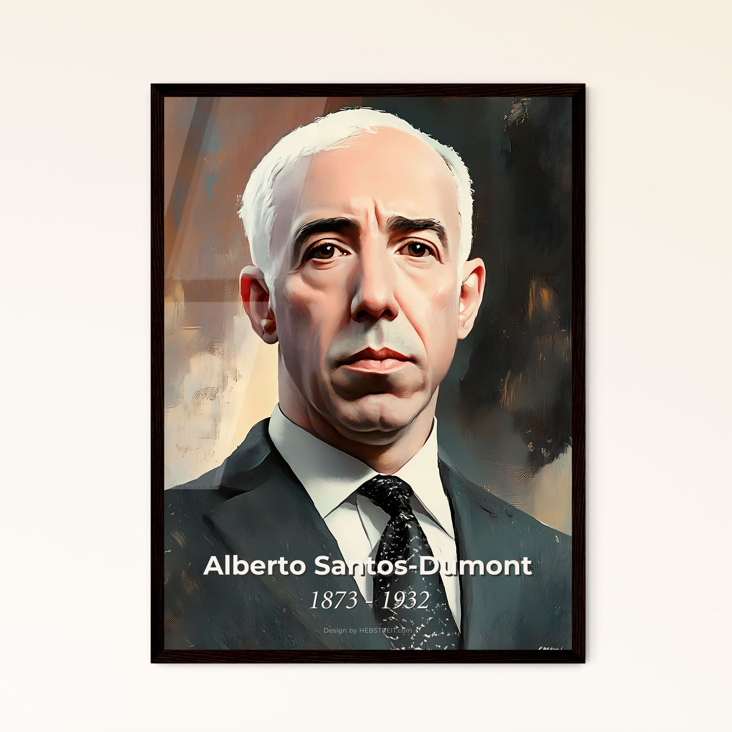 Portrait of Alberto Santos-Dumont, 1873 - 1932. Impressionistic painting of a man in a suit.