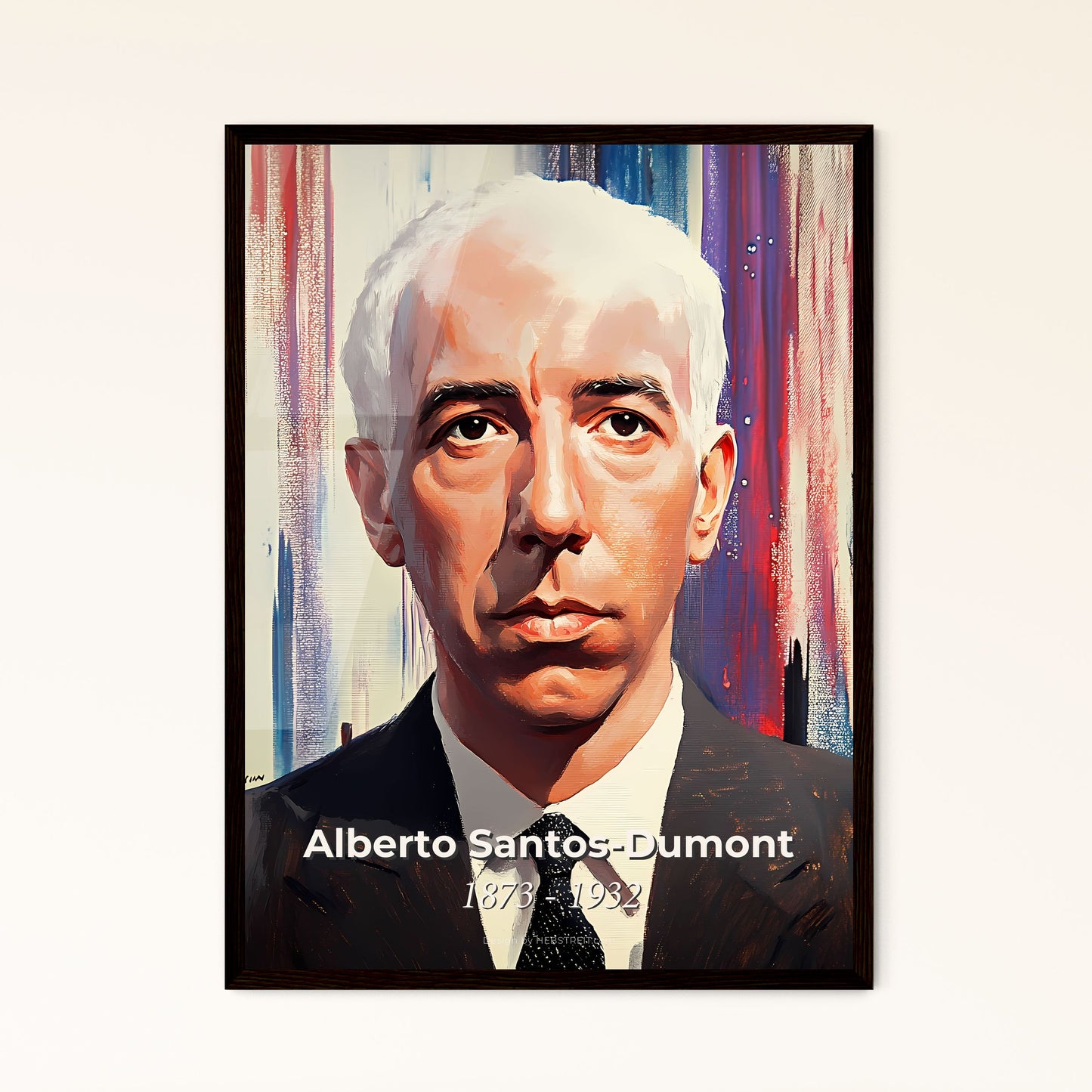 Portrait of Alberto Santos-Dumont, 1873 - 1932. Impressionistic painting of a man in a suit and tie.