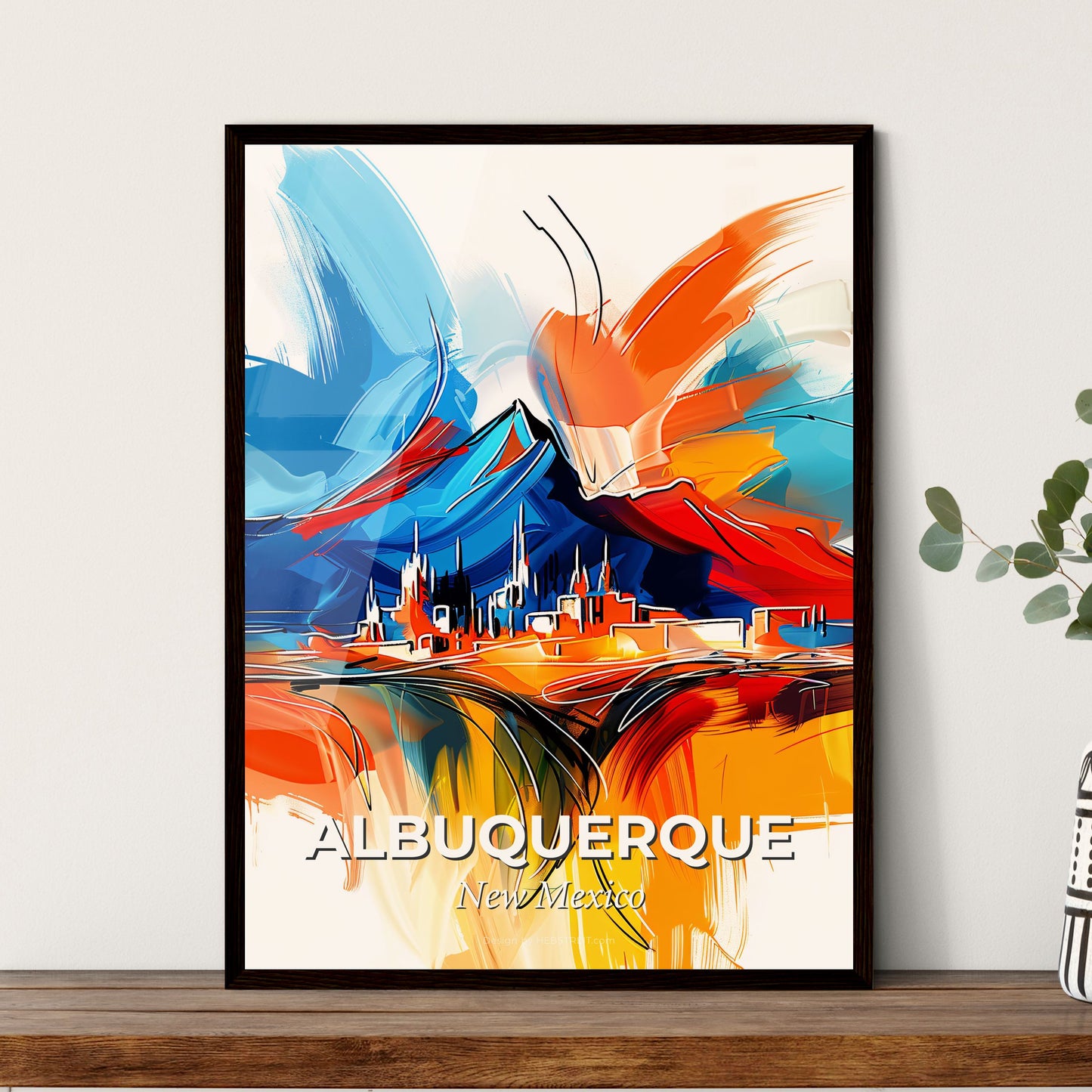 Vibrant Albuquerque, New Mexico - A Painting Of A City And Mountains