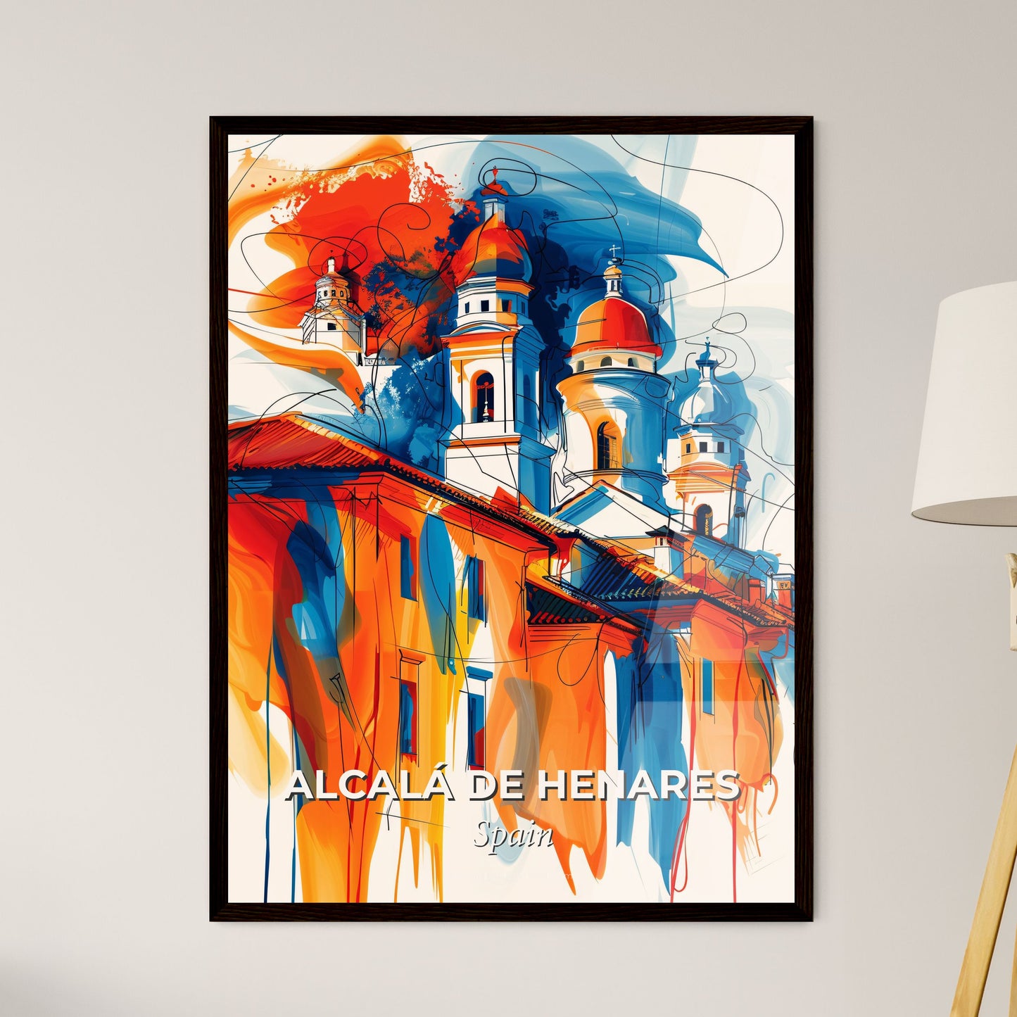 Vibrant Alcalá De Henares, Spain - A Painting Of A Building With Towers And A Roof