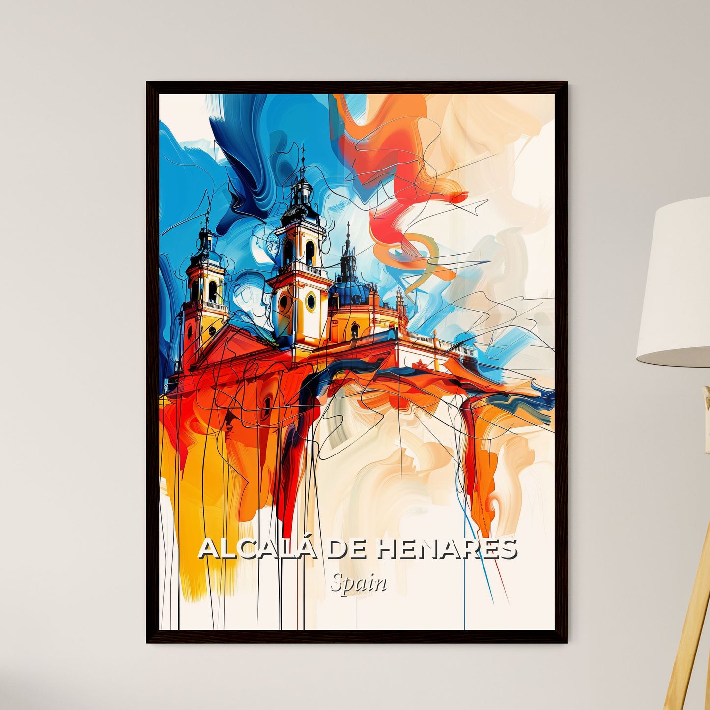 Vibrant Alcalá De Henares, Spain - A Painting Of A Building With Towers And A Colorful Background