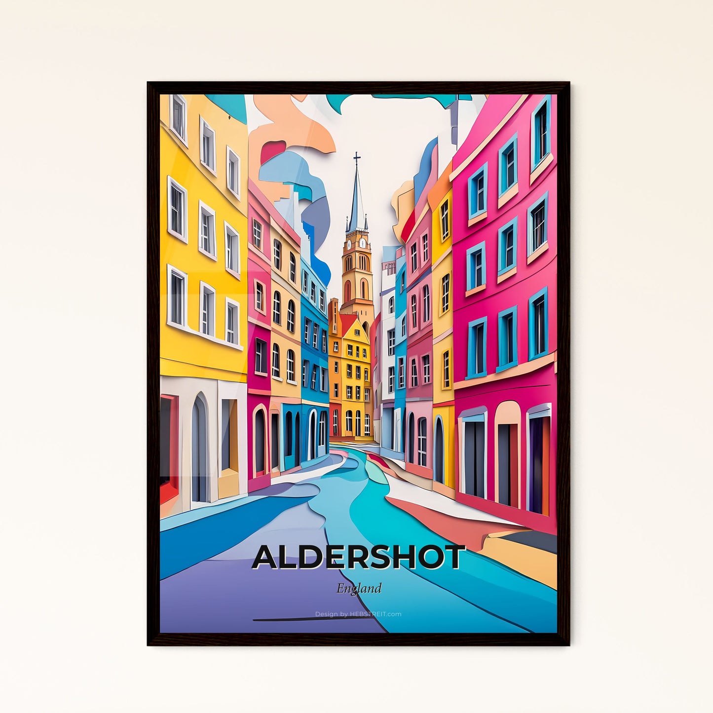 Vivid Aldershot, England - a painting of a city street with a church steeple