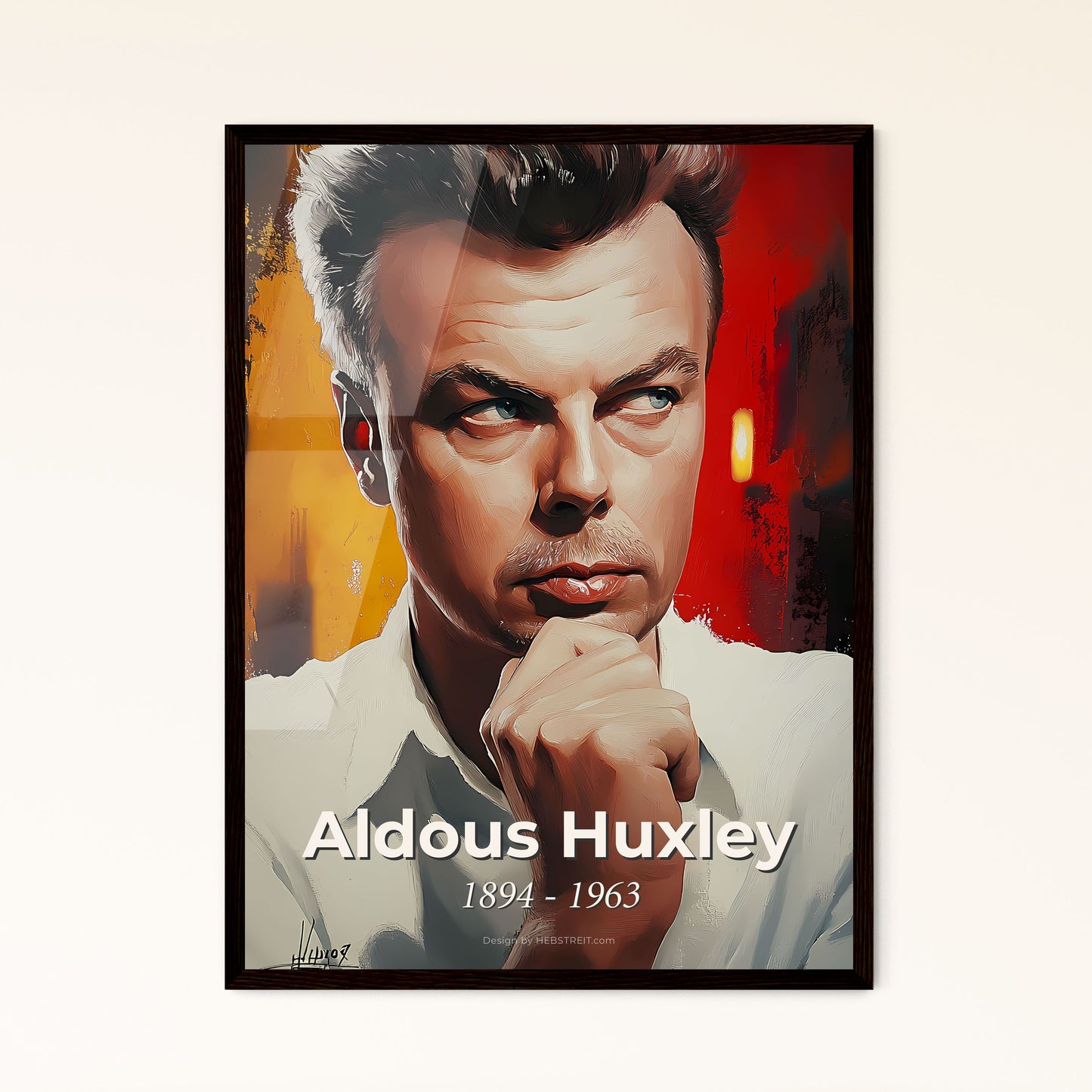 Portrait of Aldous Huxley, 1894 - 1963. Impressionistic painting of a man with his hand on his chin.