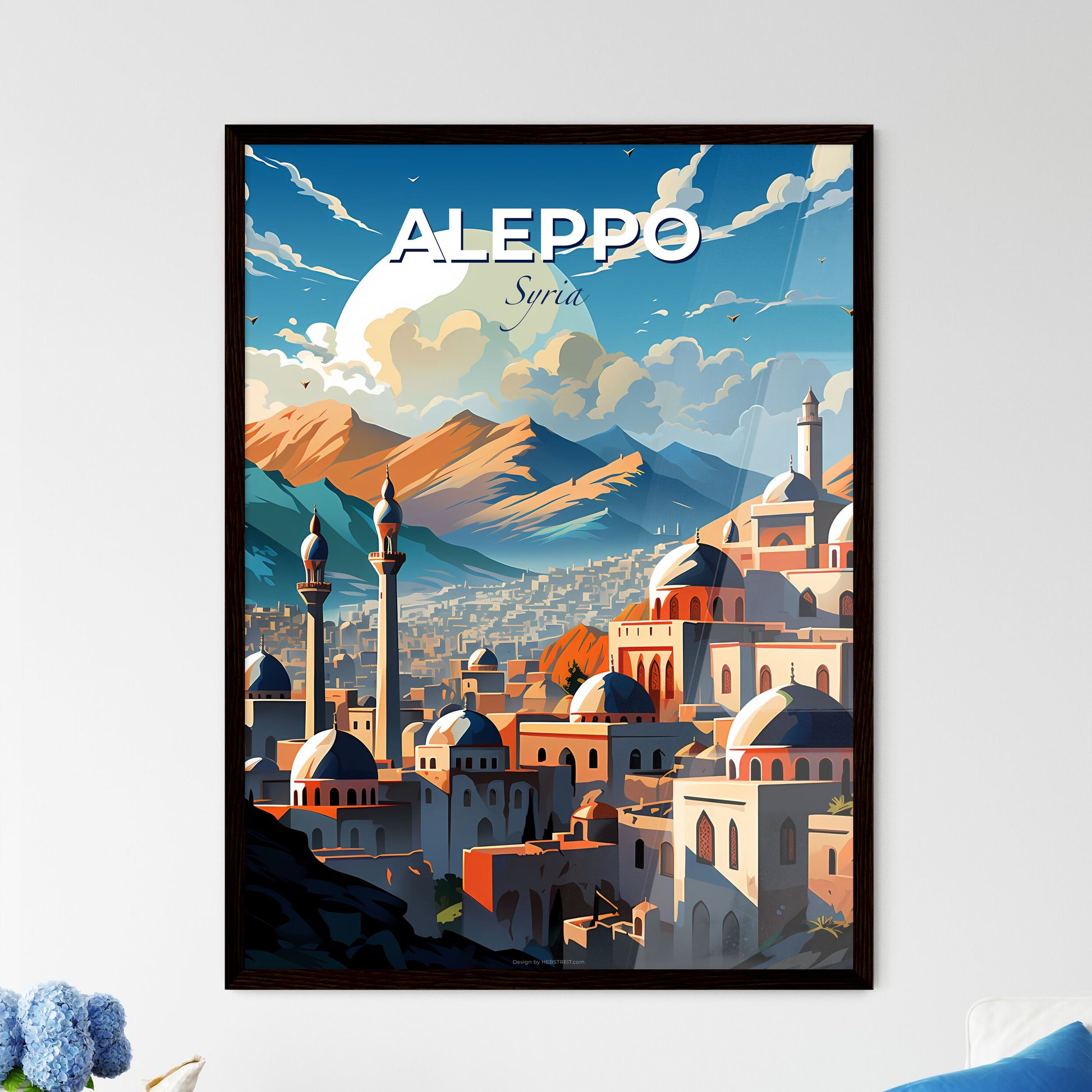 Vibrant Aleppo Cityscape Art: Skyline with Towers and Mountain Panorama Default Title