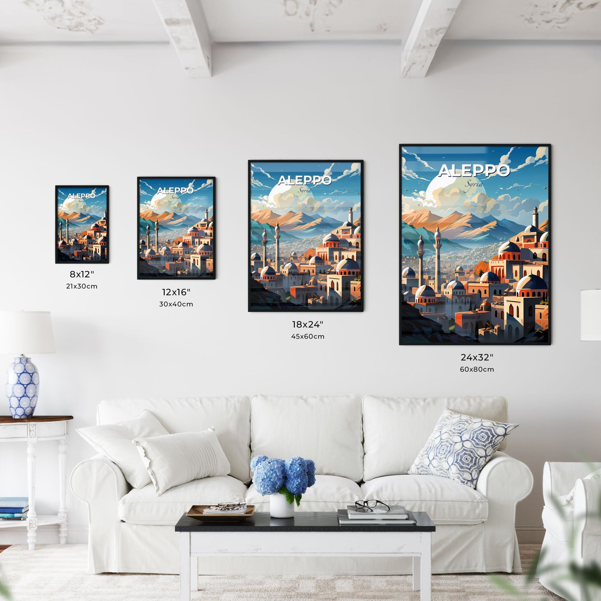 Vibrant Aleppo Cityscape Art: Skyline with Towers and Mountain Panorama Default Title