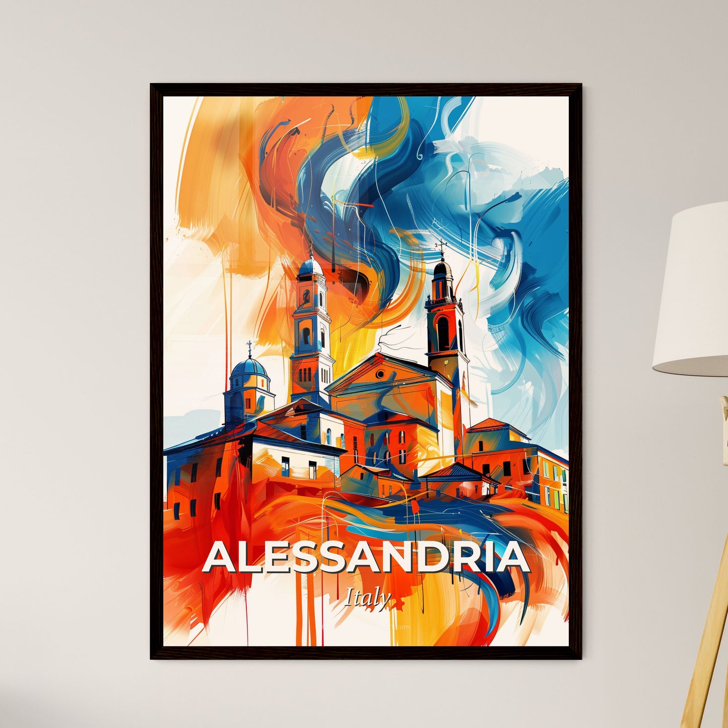 Vibrant Alessandria, Italy - A Painting Of A Building With Towers And A Blue And Orange Smoke