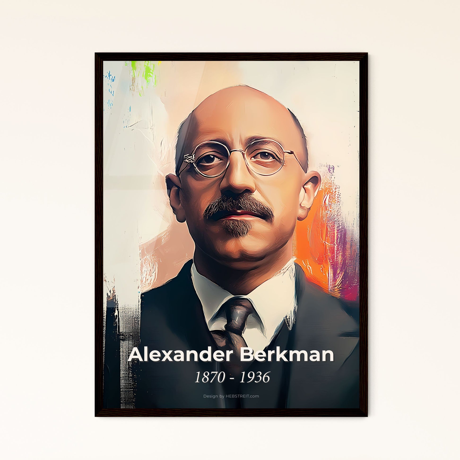 Portrait of Alexander Berkman, 1870 - 1936. Impressionistic painting of a man with a mustache wearing glasses and a suit.