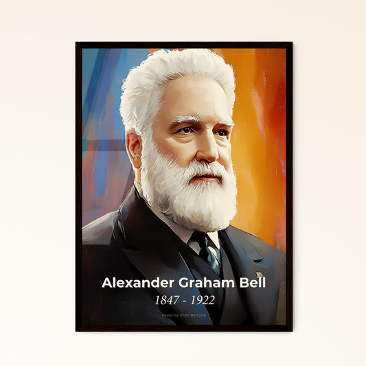 Portrait of Alexander Graham Bell, 1847 - 1922. Impressionistic painting of a man with white beard and a suit.