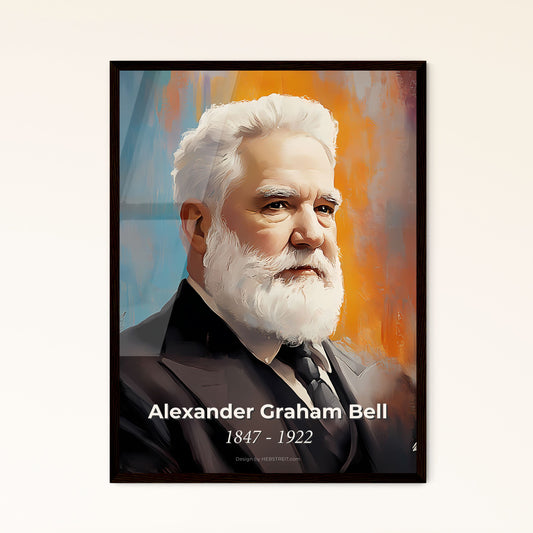 Portrait of Alexander Graham Bell, 1847 - 1922. Impressionistic painting of a man with white beard and tie.