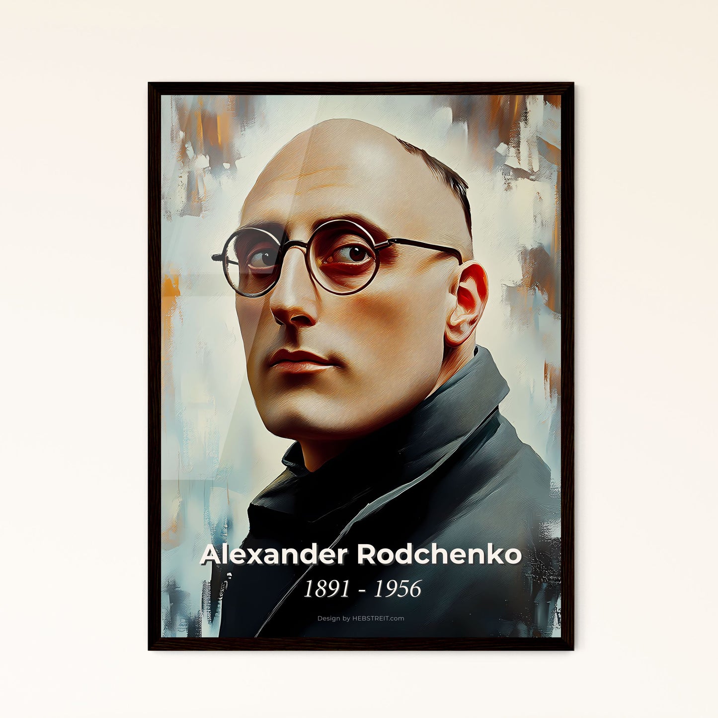 Portrait of Alexander Rodchenko, 1891 - 1956. Impressionistic painting of a man wearing glasses and a coat.