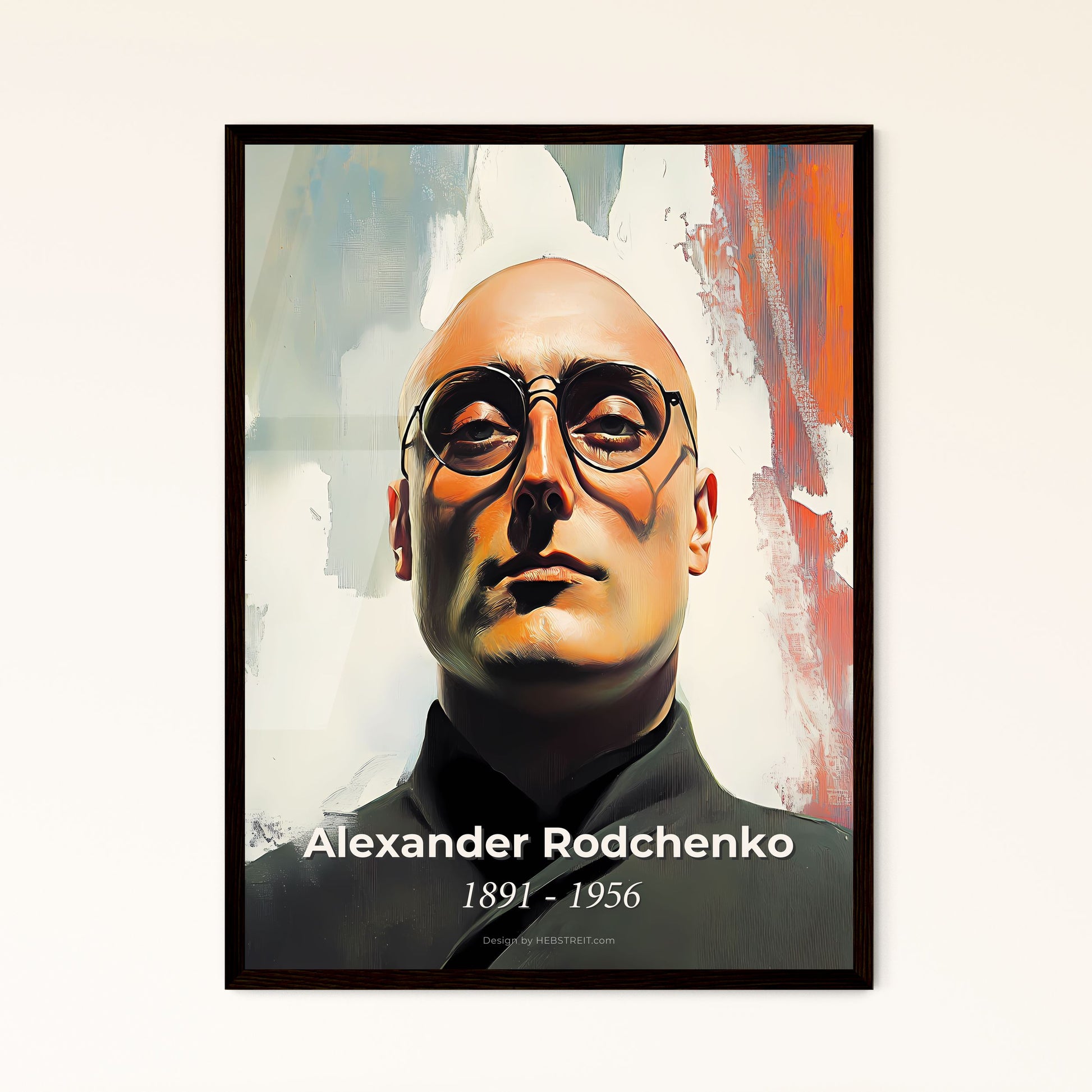 Portrait of Alexander Rodchenko, 1891 - 1956. Impressionistic painting of a man wearing glasses and a black shirt.