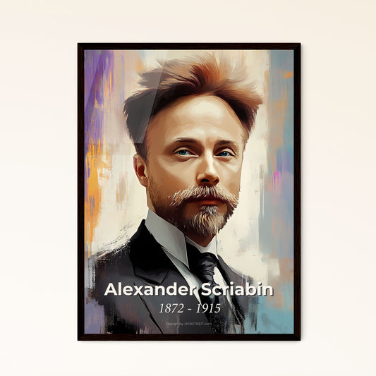 Portrait of Alexander Scriabin, 1872 - 1915. Impressionistic painting of a man in a suit.