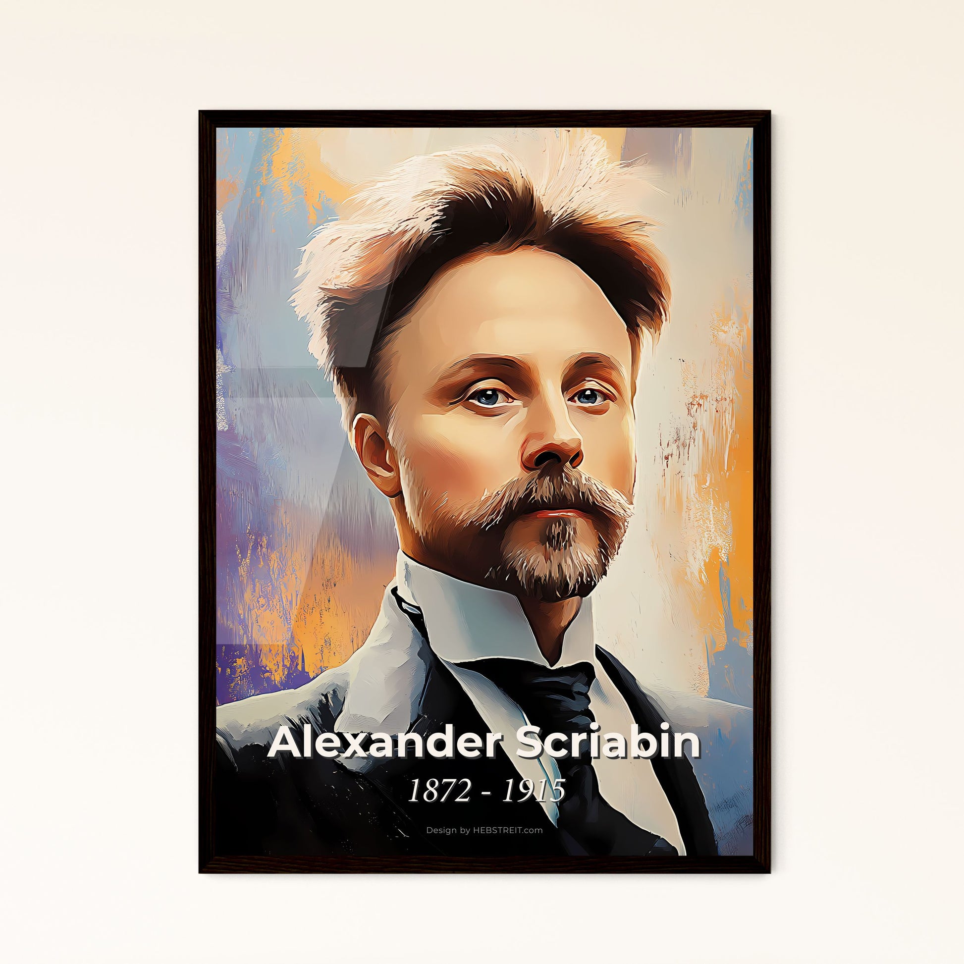 Portrait of Alexander Scriabin, 1872 - 1915. Impressionistic painting of a man in a suit.