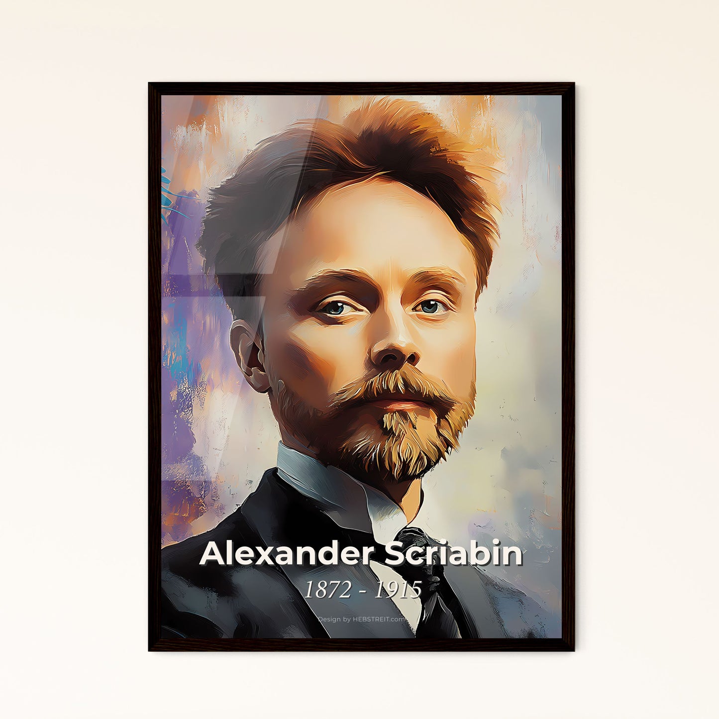 Portrait of Alexander Scriabin, 1872 - 1915. Impressionistic painting of a man with a beard and mustache.