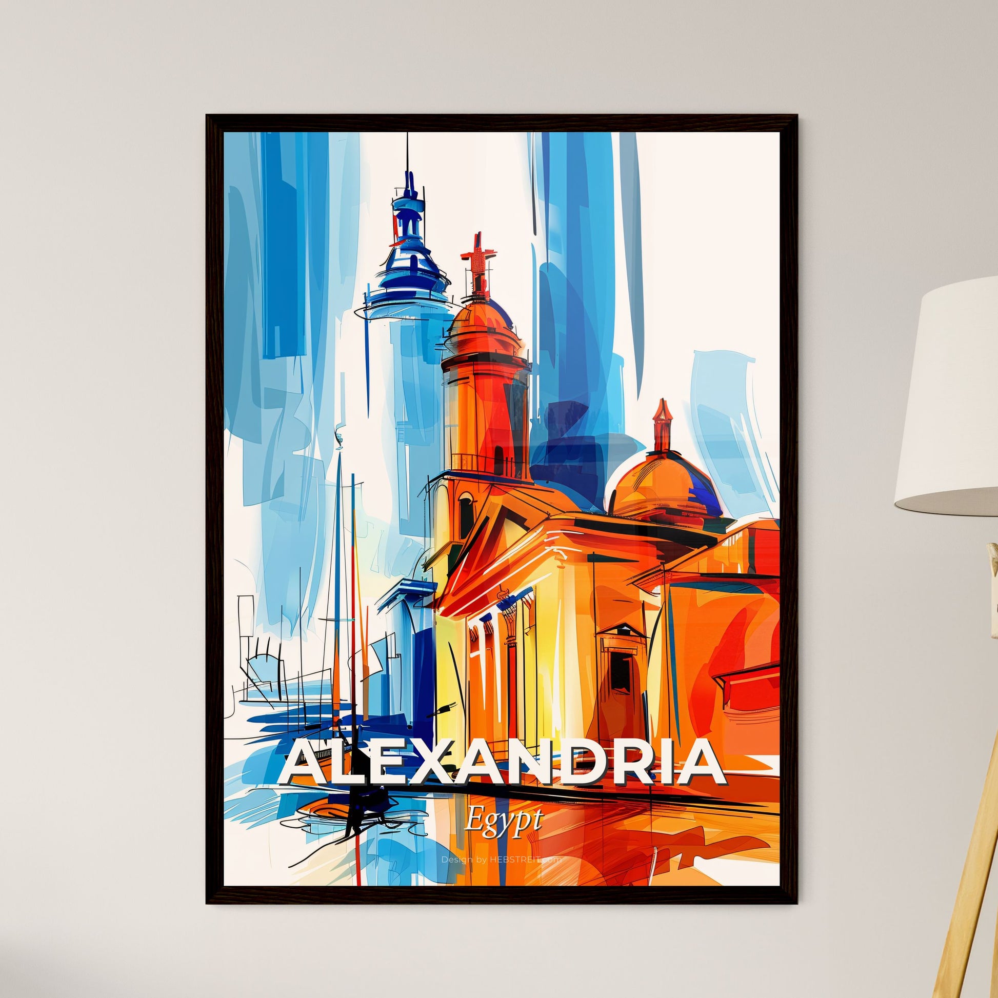 Vibrant Alexandria, Egypt - A Painting Of A Building With Towers And A Sailboat