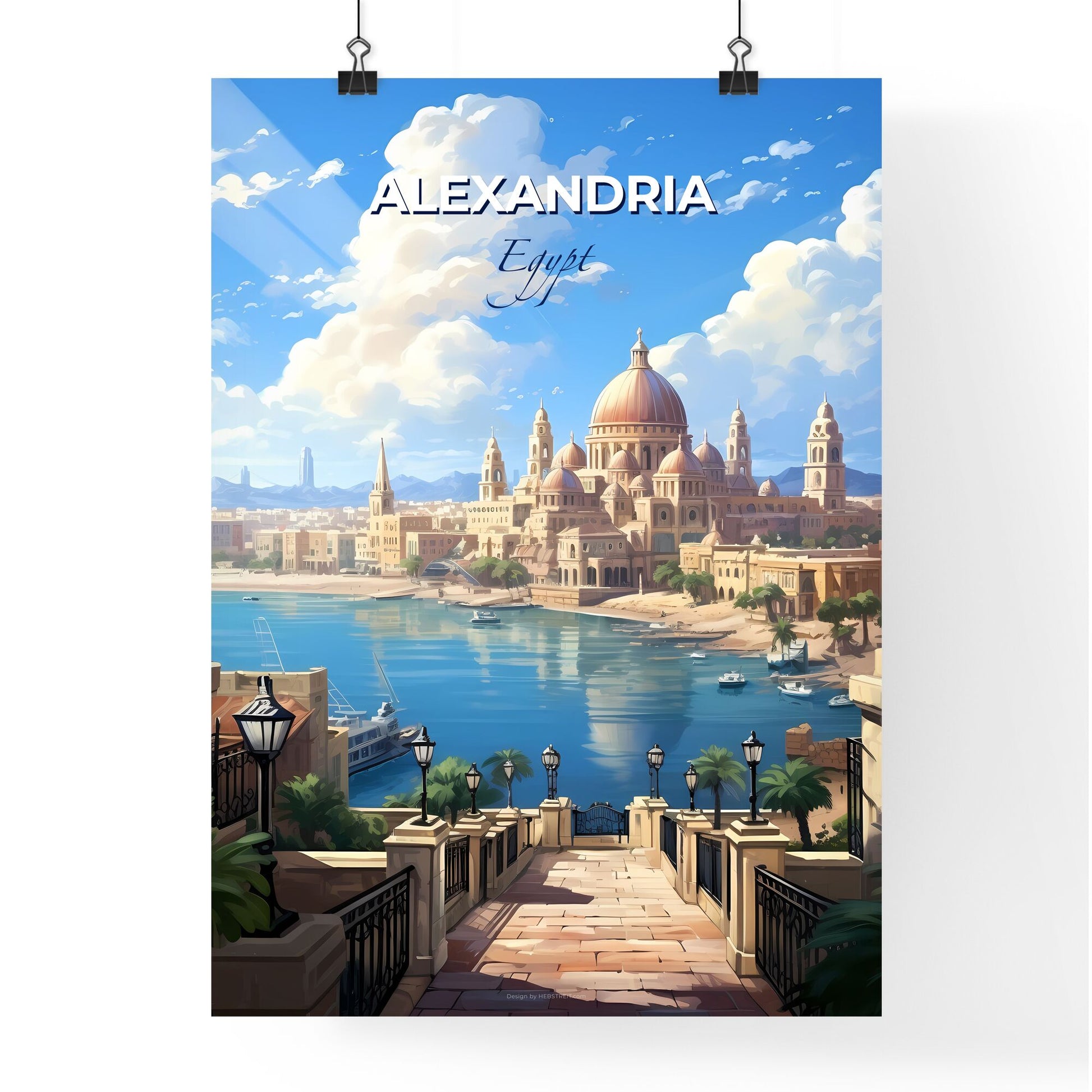 Cityscape Painting: Vibrant Alexandria Skyline with Nile River Bridge Default Title