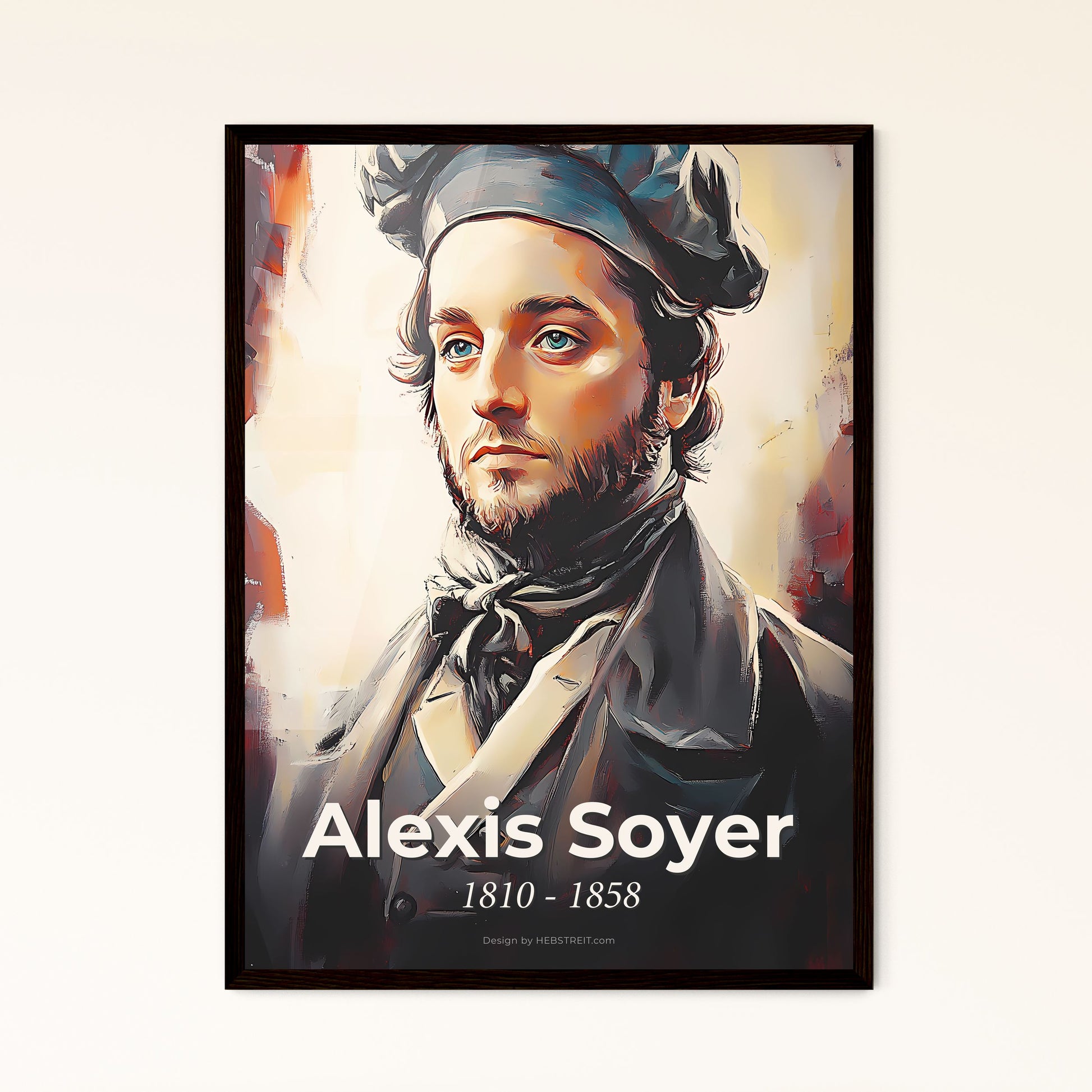 Portrait of Alexis Soyer, 1810 - 1858. Impressionistic painting of a man in a hat.