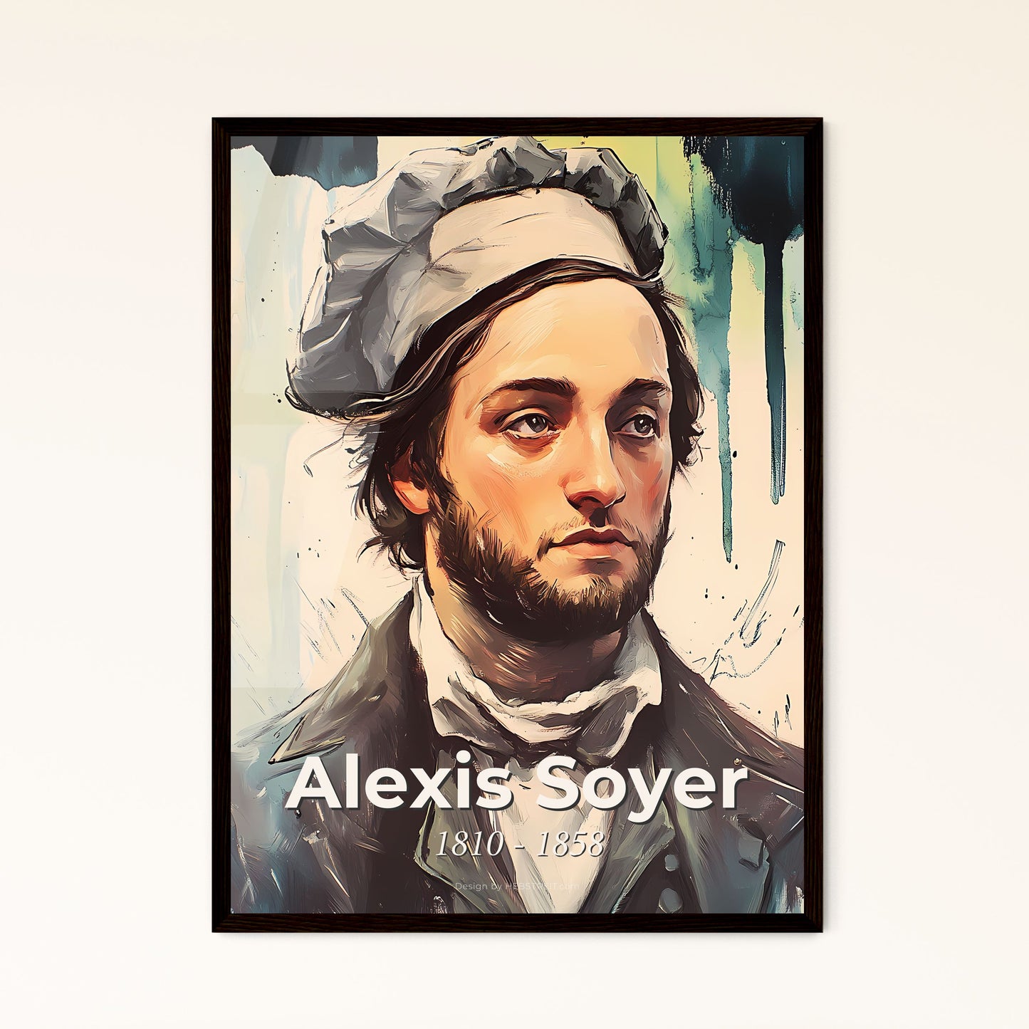 Portrait of Alexis Soyer, 1810 - 1858. Impressionistic painting of a painting of a man wearing a hat.