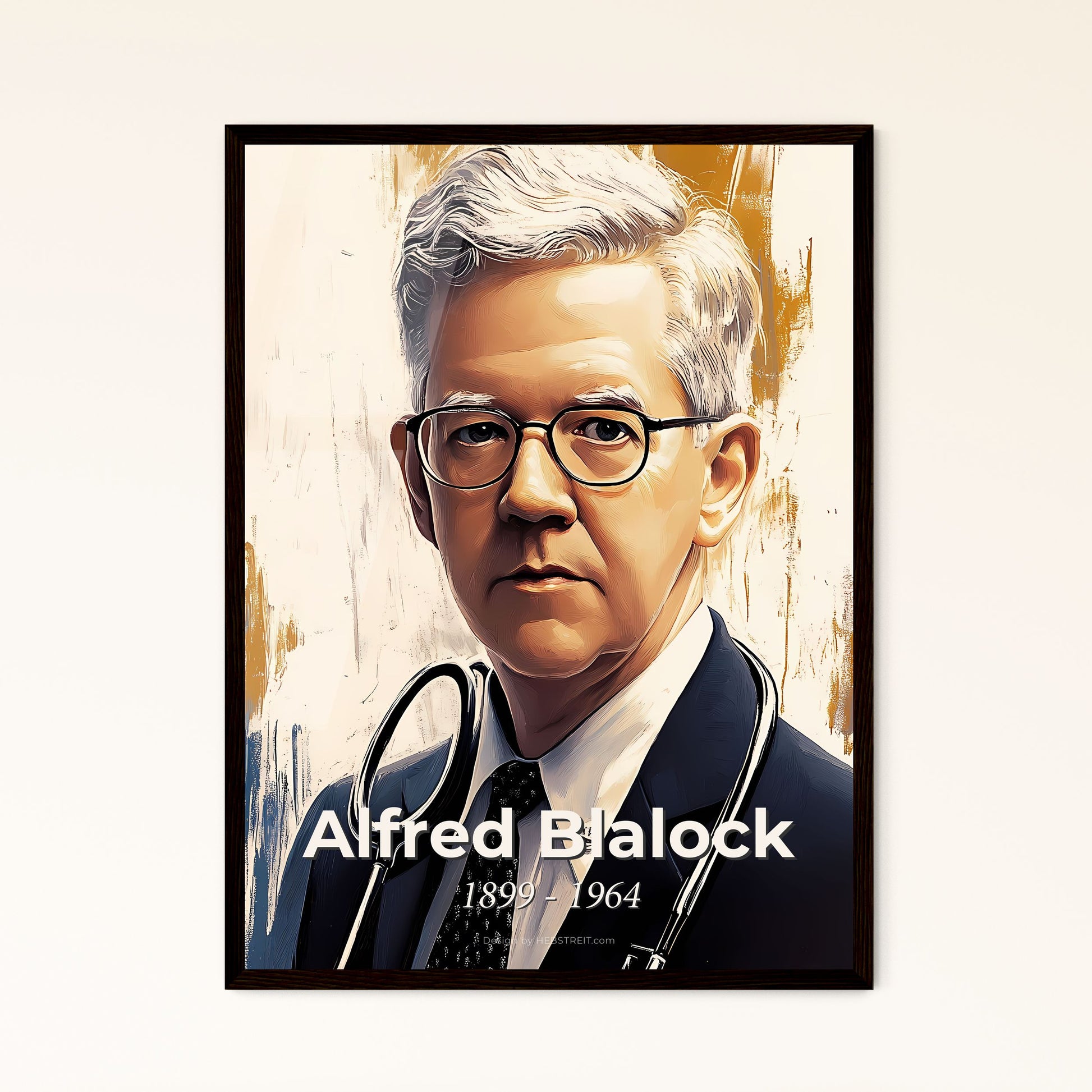 Portrait of Alfred Blalock, 1899 - 1964. Impressionistic painting of a man in a suit and tie with a stethoscope around his neck.