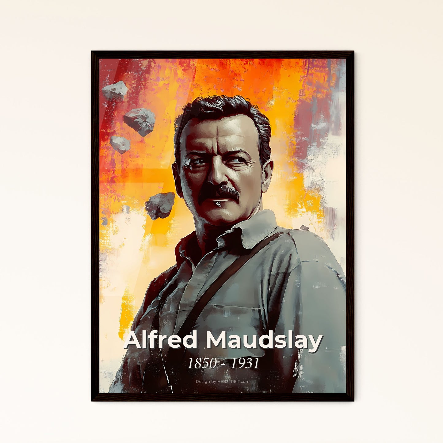 Portrait of Alfred Maudslay, 1850 - 1931. Impressionistic painting of a man with a mustache and a mustache and a bunch of rocks in the air.