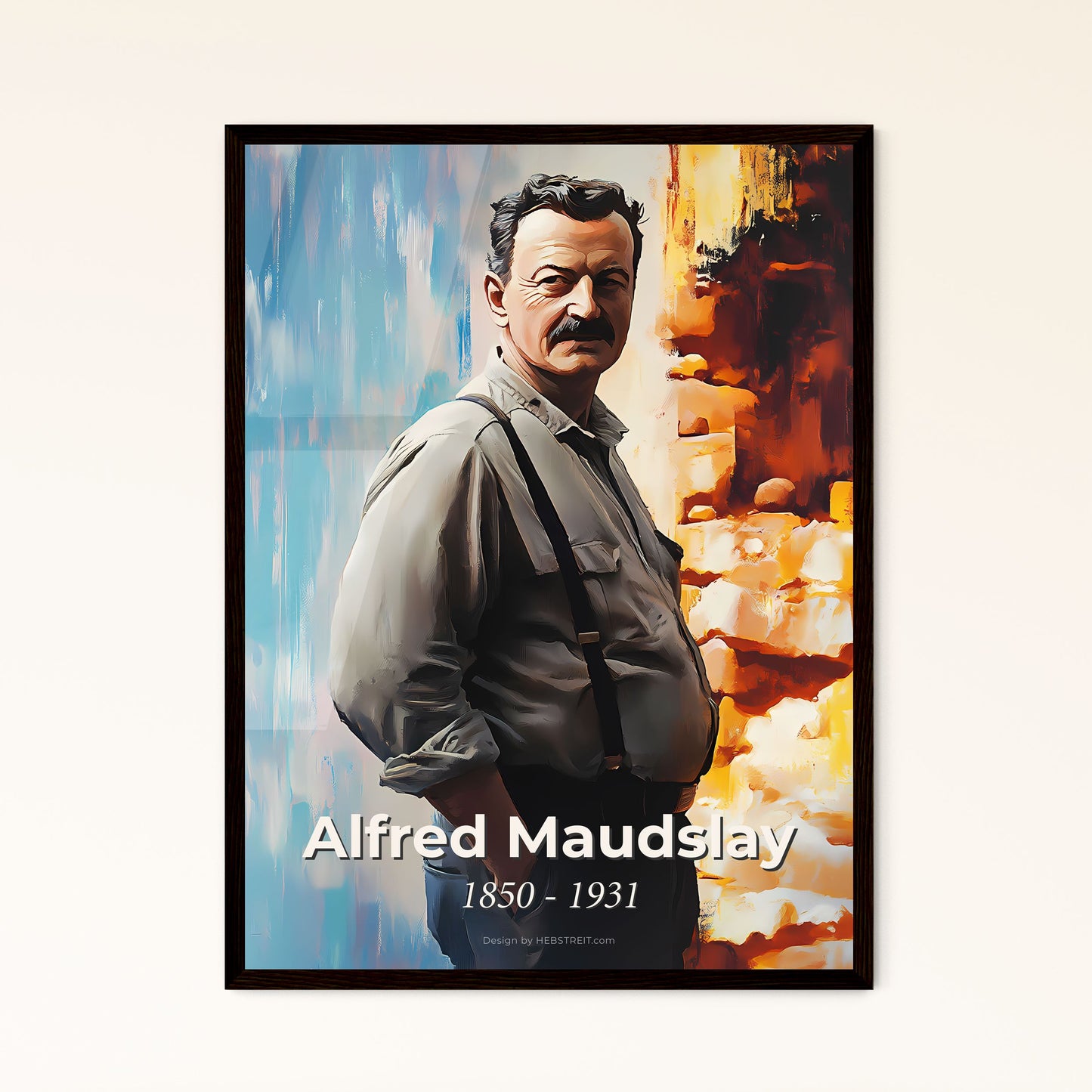 Portrait of Alfred Maudslay, 1850 - 1931. Impressionistic painting of a man with a mustache standing in front of a fire.