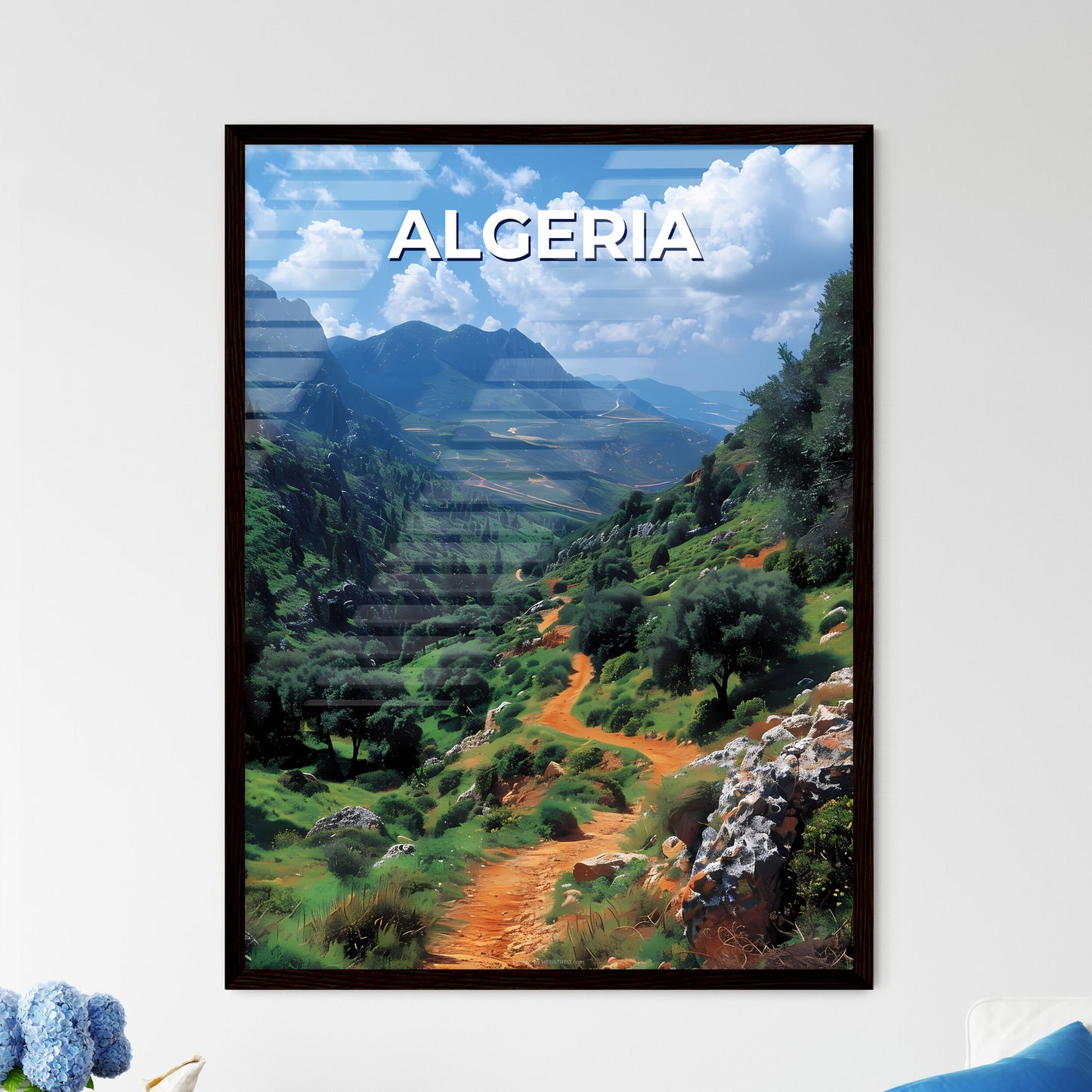 Vibrant Valley Landscape Artwork of Algeria, Africa Featuring Majestic Trees and Mountains