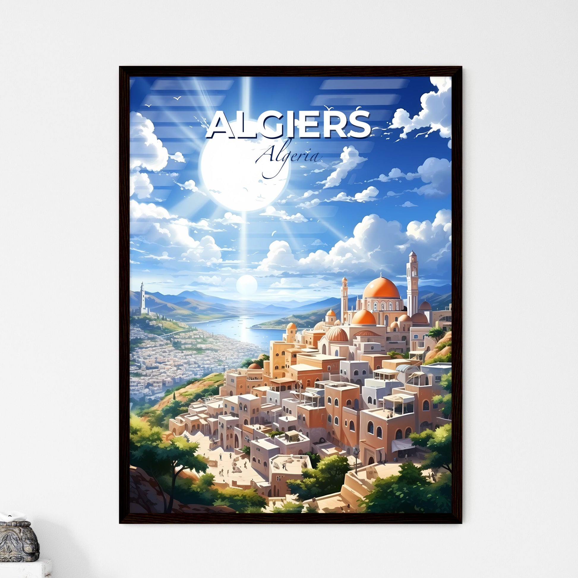 Vibrant Algiers City Skyline Painting: Captivating Artwork with River and Mountainscape Default Title