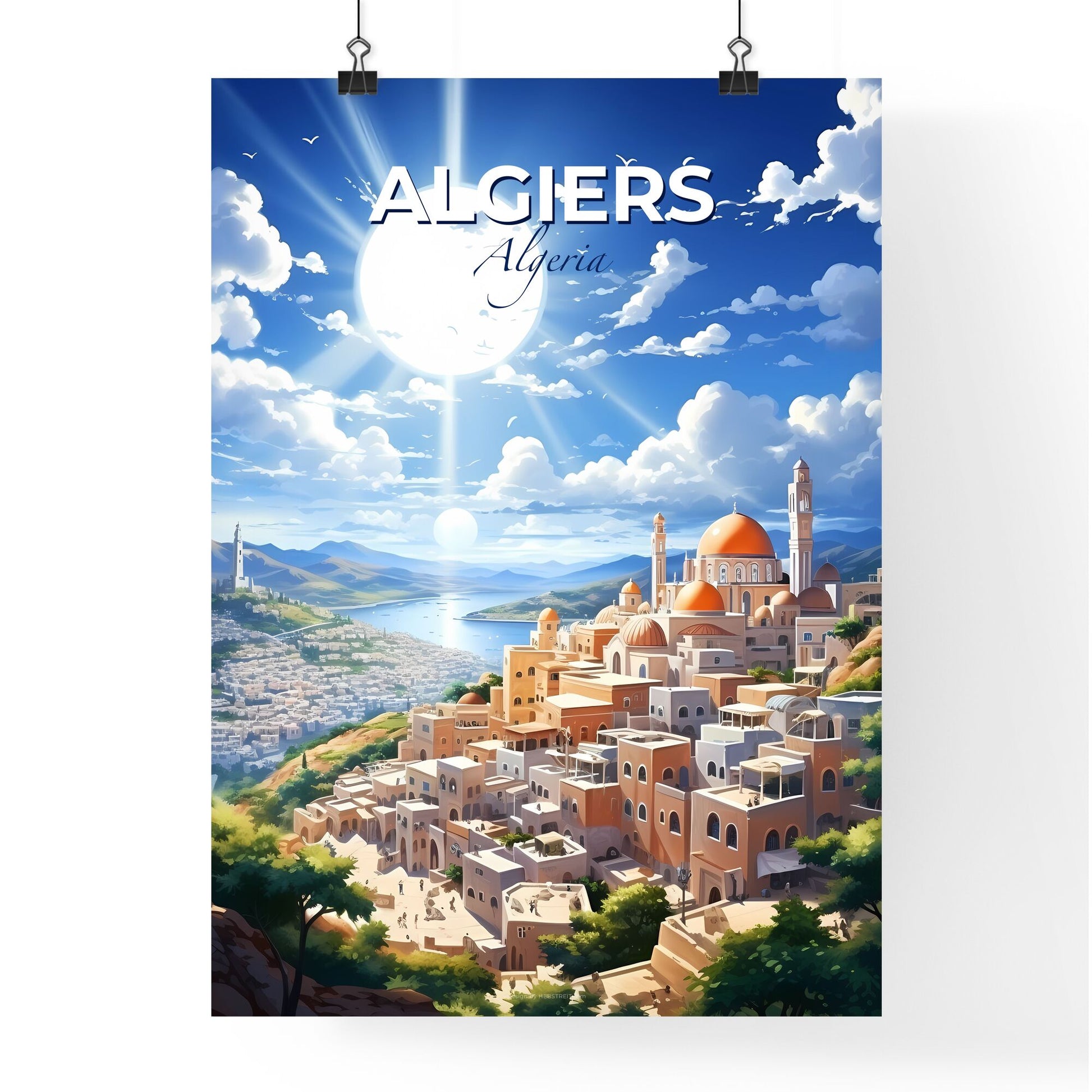 Vibrant Algiers City Skyline Painting: Captivating Artwork with River and Mountainscape Default Title