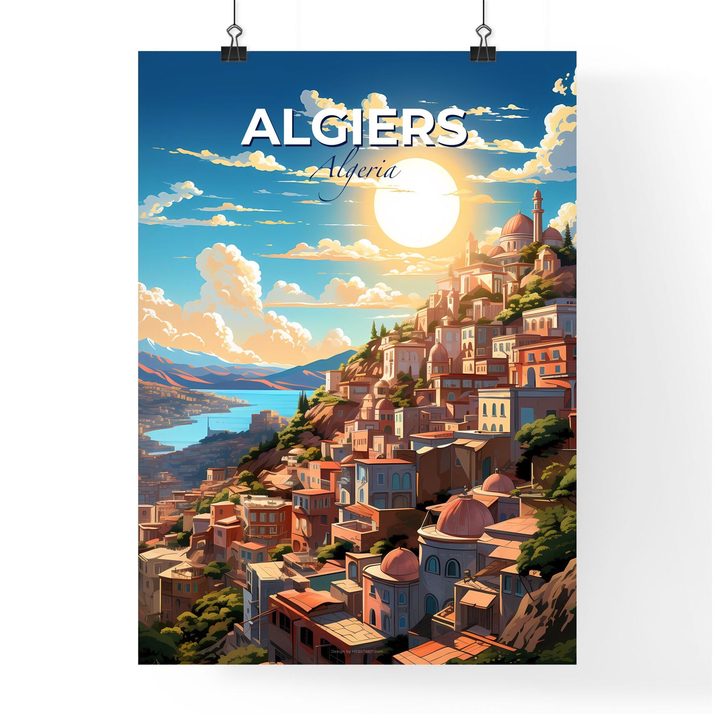 Algiers Algeria City Skyline with River, Sun, and Artistic Painting Focus Default Title