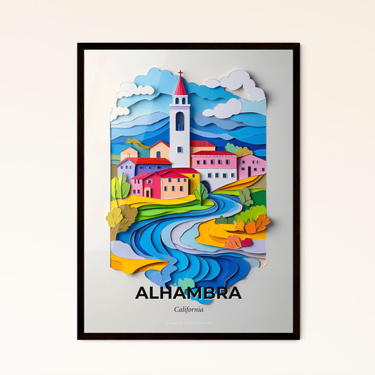 Vivid Alhambra, California - a paper cut of a church tower and a river