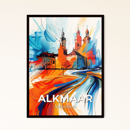 Vibrant Alkmaar, Netherlands - A Painting Of A Building With Towers And A Road