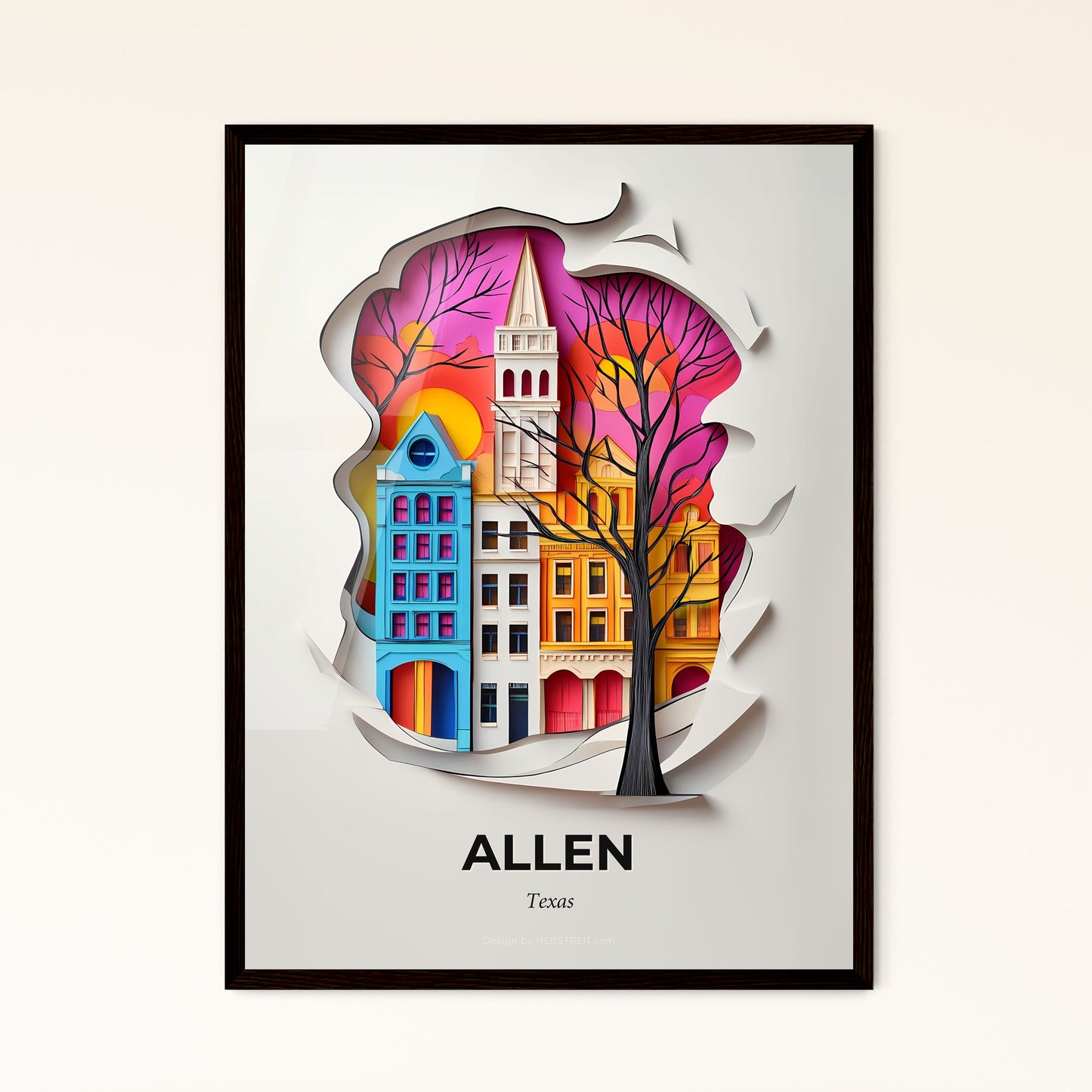 Vivid Allen, Texas - a paper cut of a city with a tree