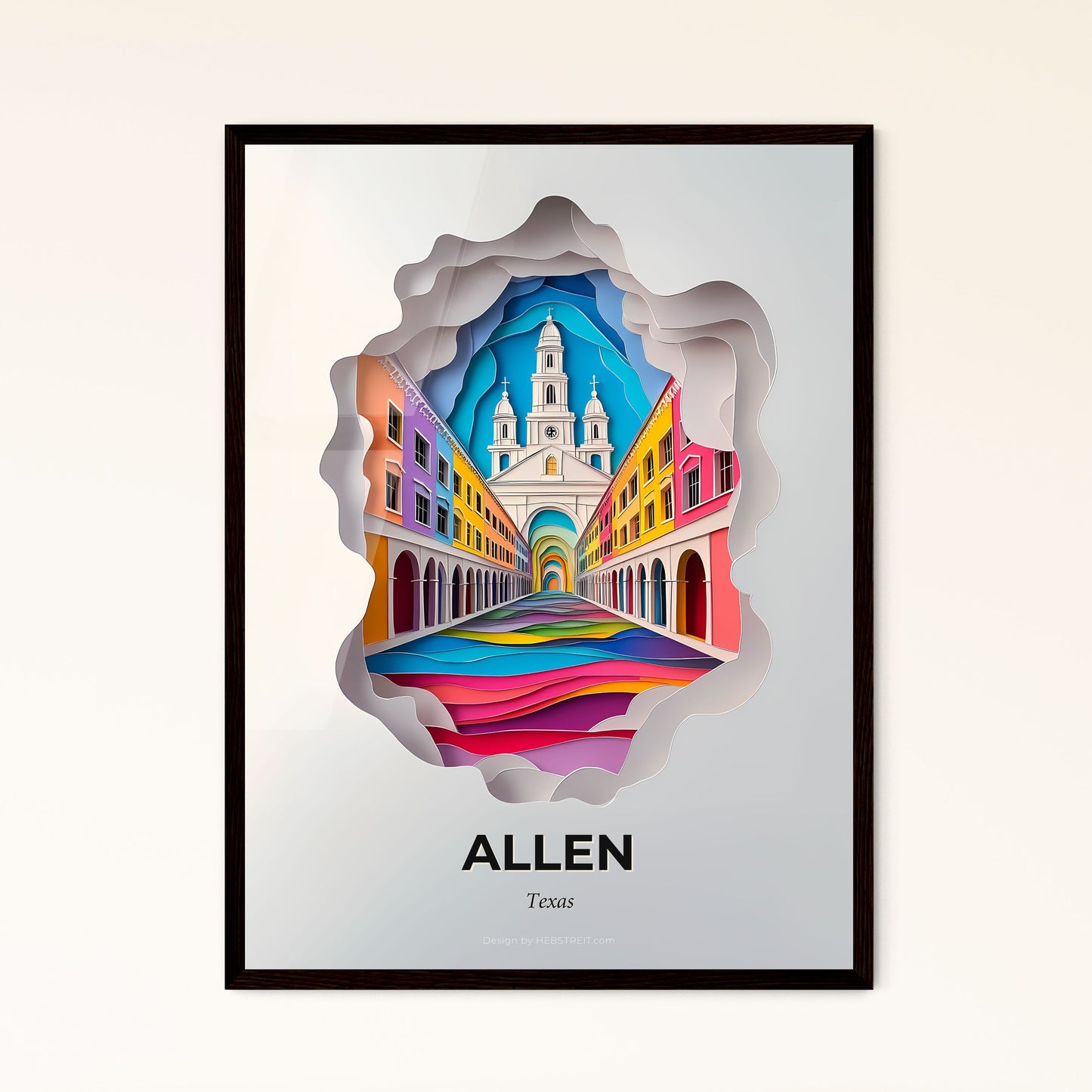 Vivid Allen, Texas - a paper cut of a city with a church