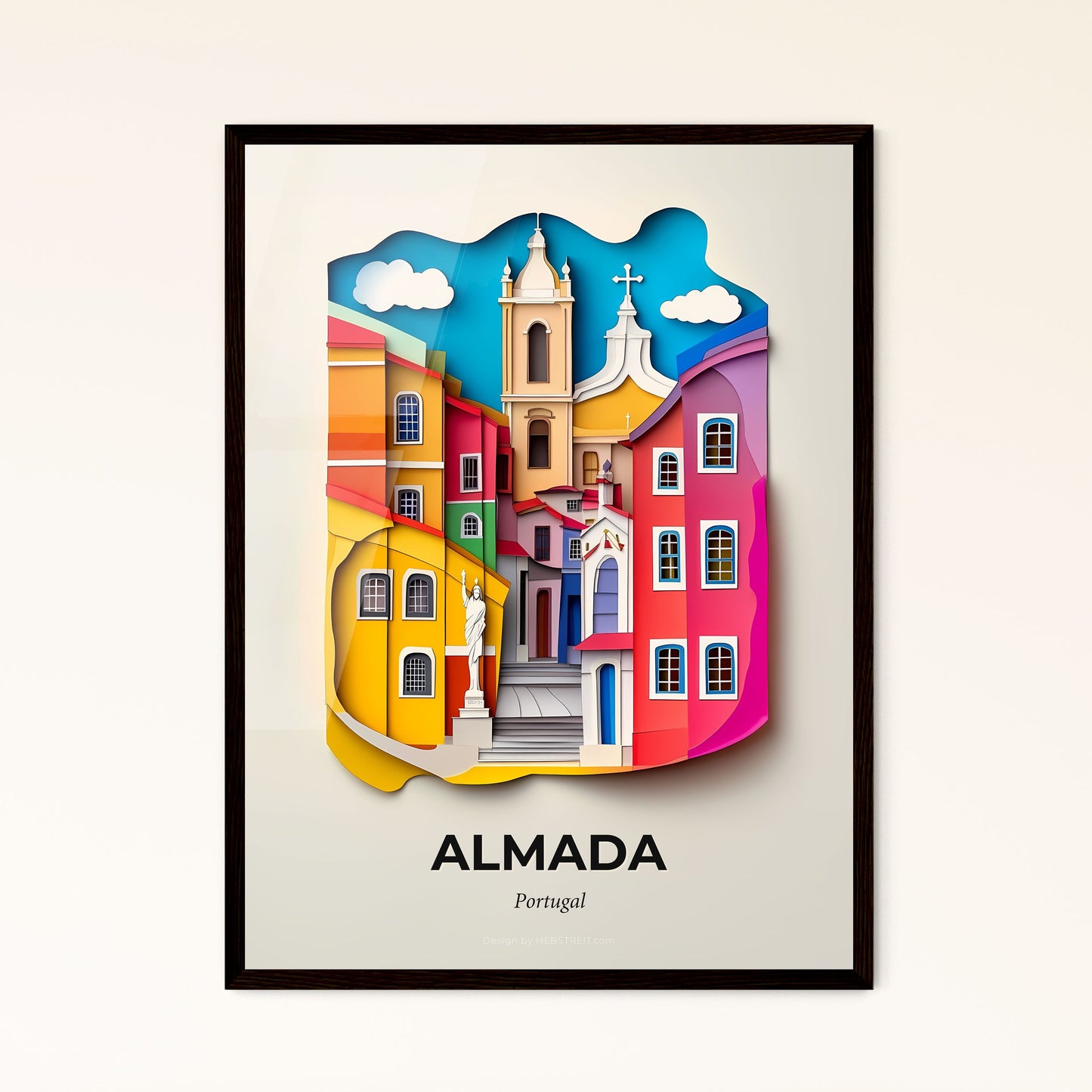 Vivid Almada, Portugal - a colorful city with a church and a statue