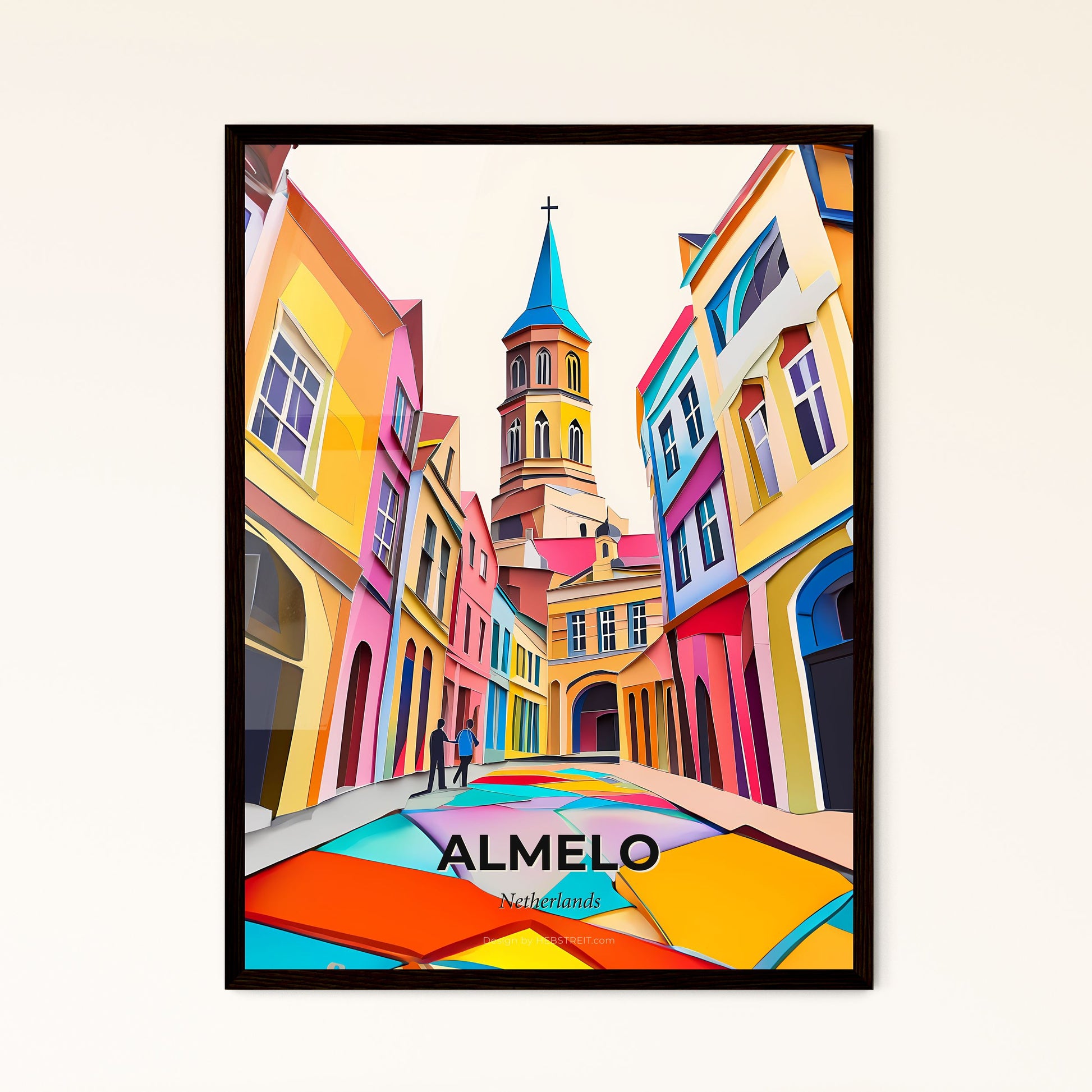 Vivid Almelo, Netherlands - a colorful street with a church steeple in the background