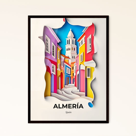 Vivid Almería, Spain - a colorful city street with a church steeple