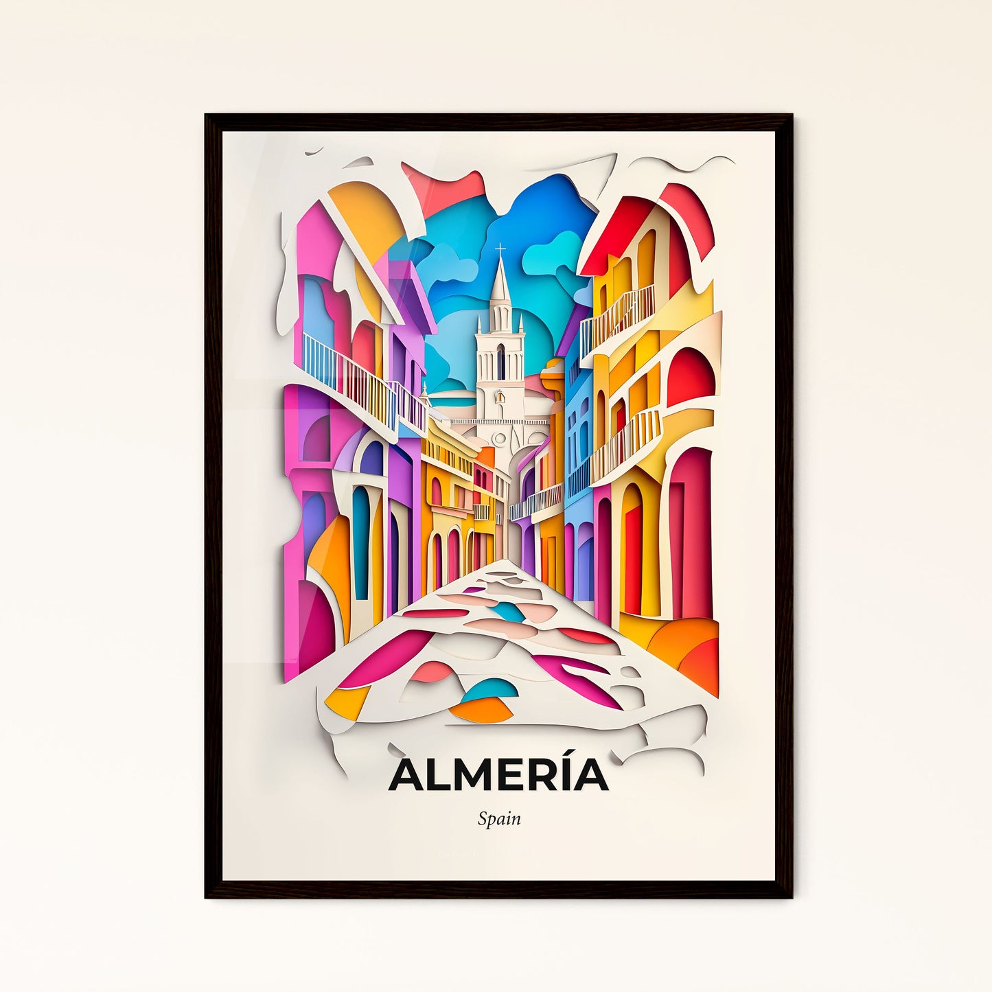 Vivid Almería, Spain - a colorful city street with a clock tower