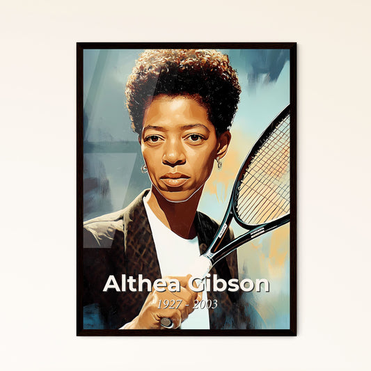 Portrait of Althea Gibson, 1927 - 2003. Impressionistic painting of a woman holding a tennis racket.