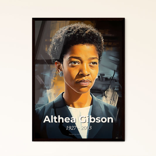 Portrait of Althea Gibson, 1927 - 2003. Impressionistic painting of a woman with short curly hair wearing a suit.