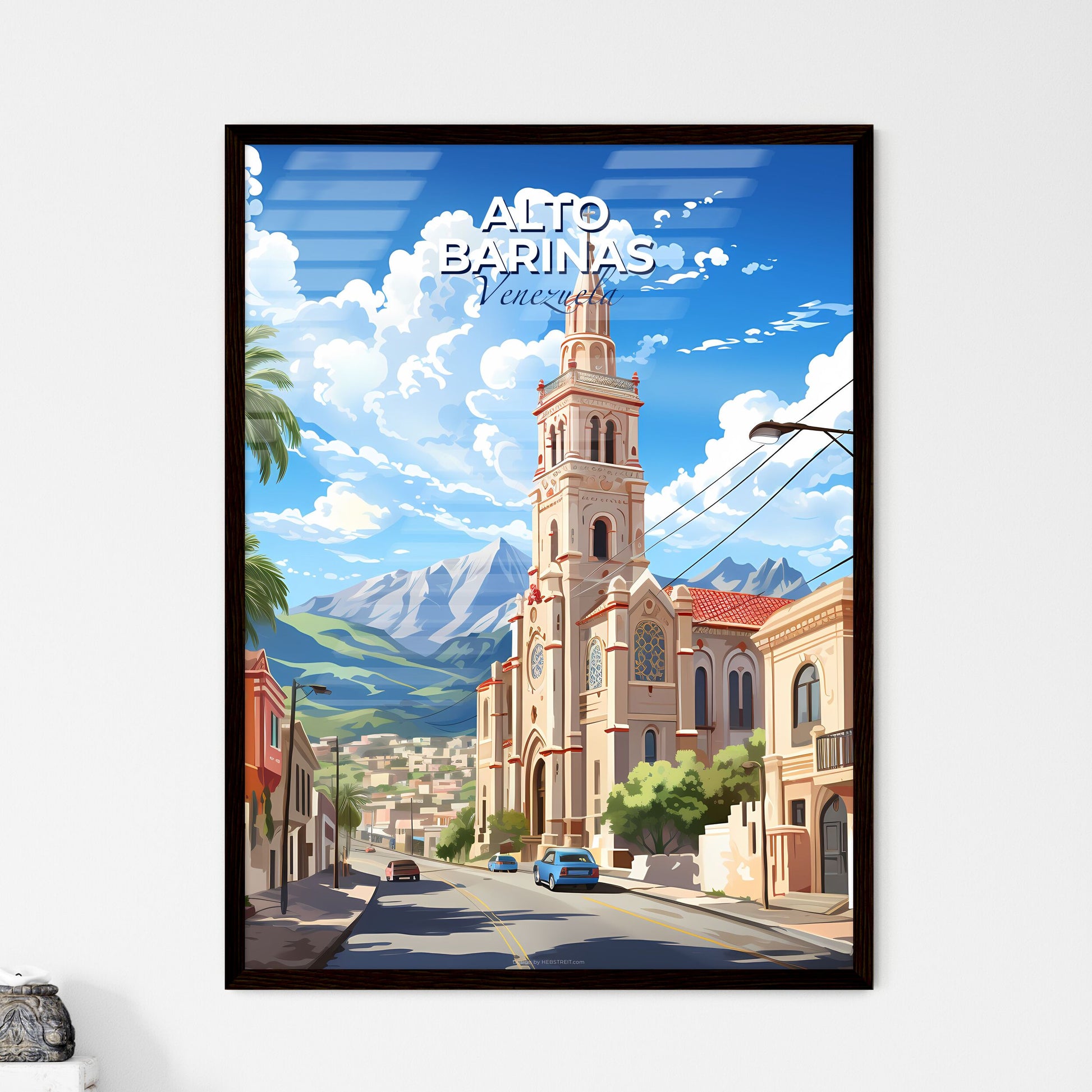 Vibrant Artistic Cityscape Painting: Alto Barinas Venezuela Skyline with Church Steeple and Palm Trees Default Title