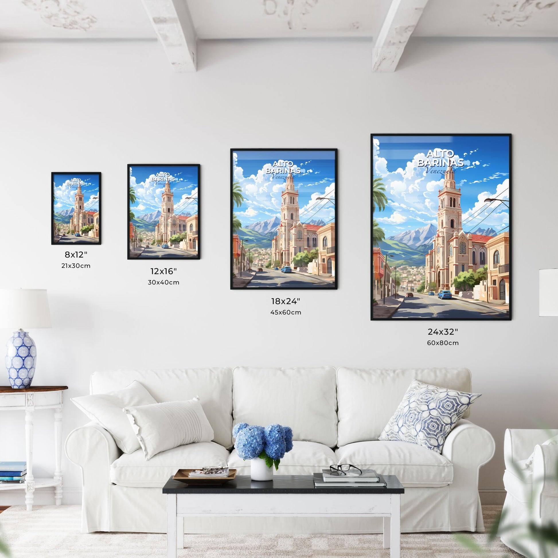 Vibrant Artistic Cityscape Painting: Alto Barinas Venezuela Skyline with Church Steeple and Palm Trees Default Title