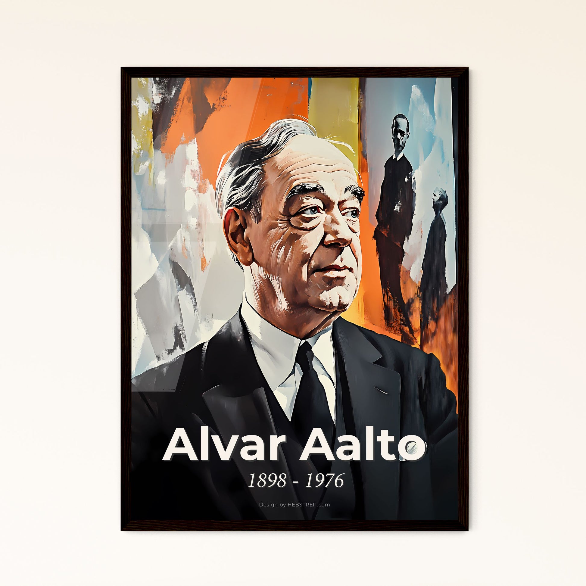 Portrait of Alvar Aalto, 1898 - 1976. Impressionistic painting of a man in a suit.