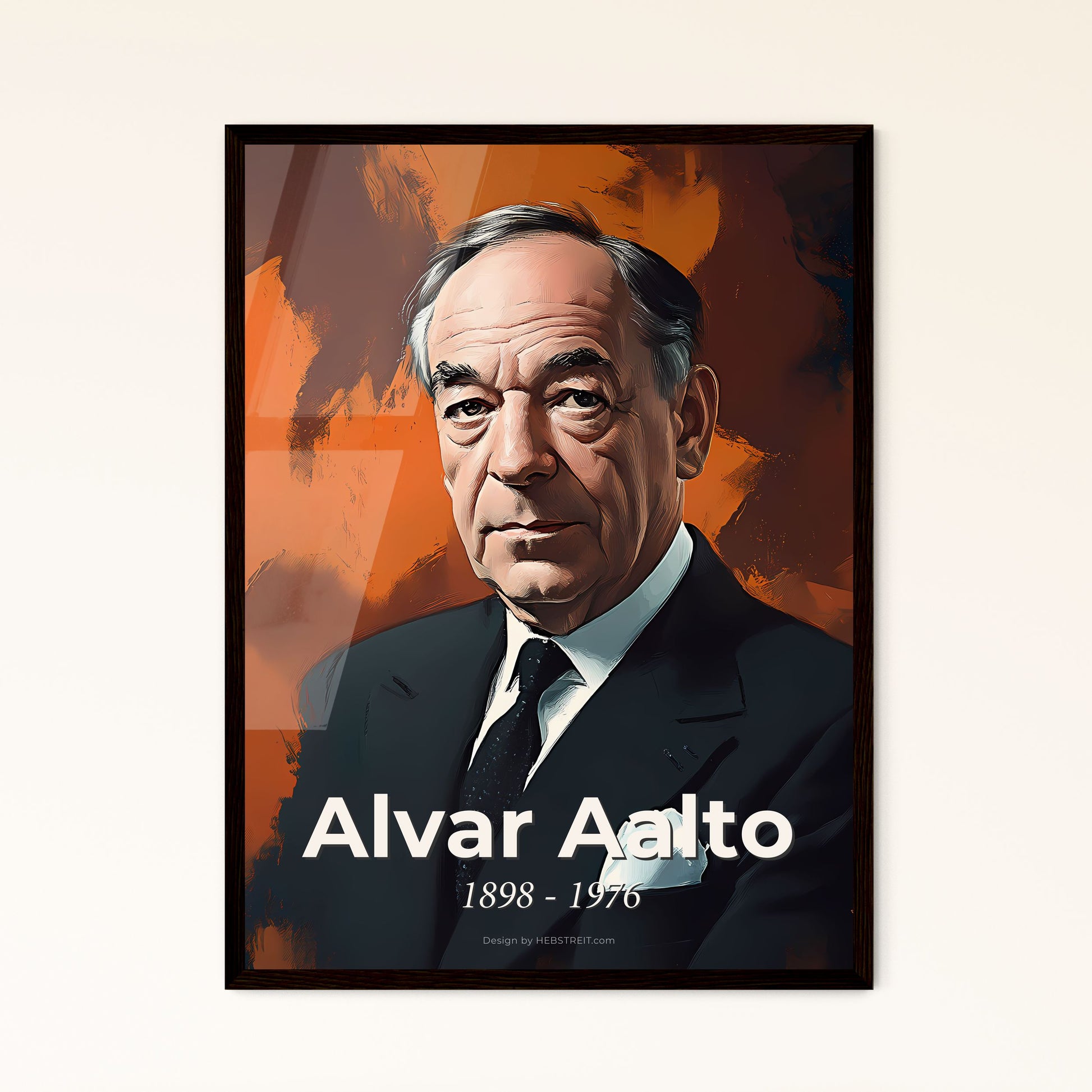 Portrait of Alvar Aalto, 1898 - 1976. Impressionistic painting of a man in a suit.