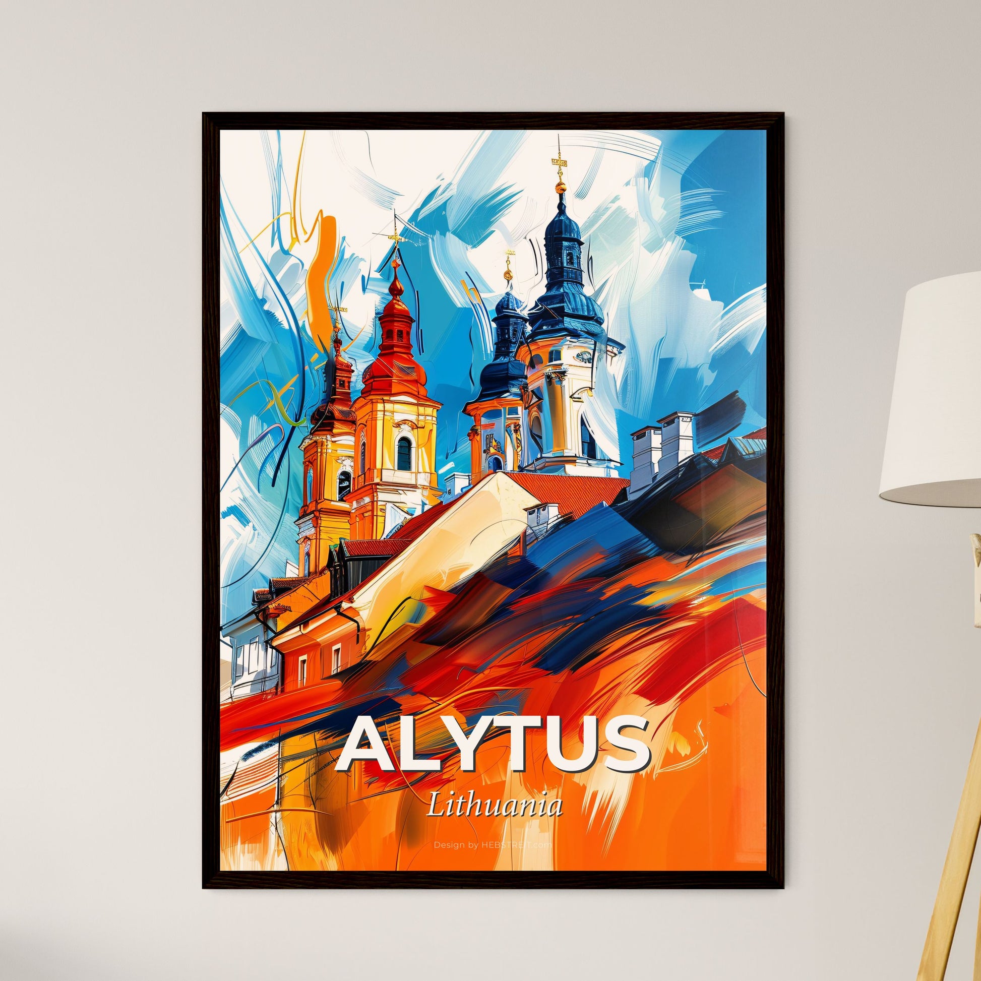 Vibrant Alytus, Lithuania - A Painting Of A Building With A Blue And Orange Background