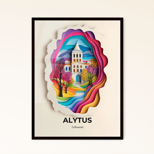 Vivid Alytus, Lithuania - a paper cut of a church with a rainbow colored sky