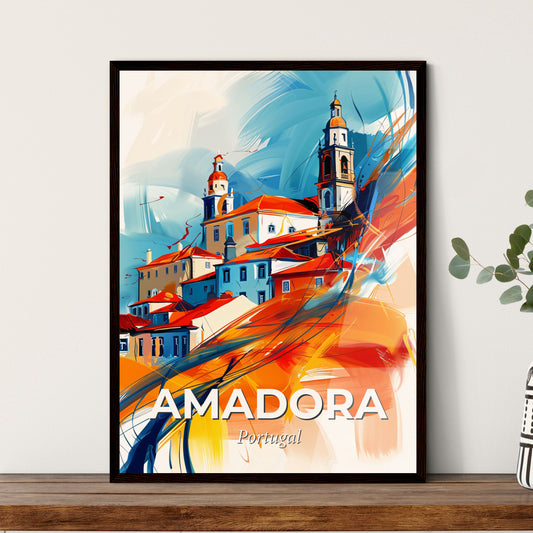 Vibrant Amadora, Portugal - A Painting Of A Building With A Colorful Brushstroke