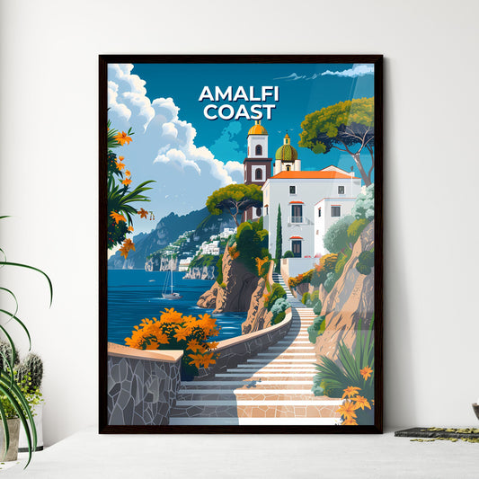 Vibrant Artistic Amalfi Coast Stairway Travel Painting with Ample Copy Space