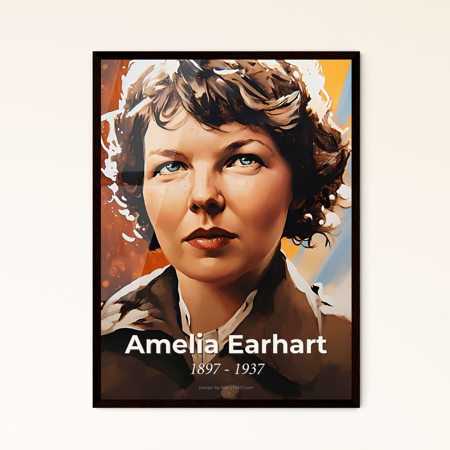 Portrait of Amelia Earhart, 1897 - 1937. Impressionistic painting of a painting of a woman.