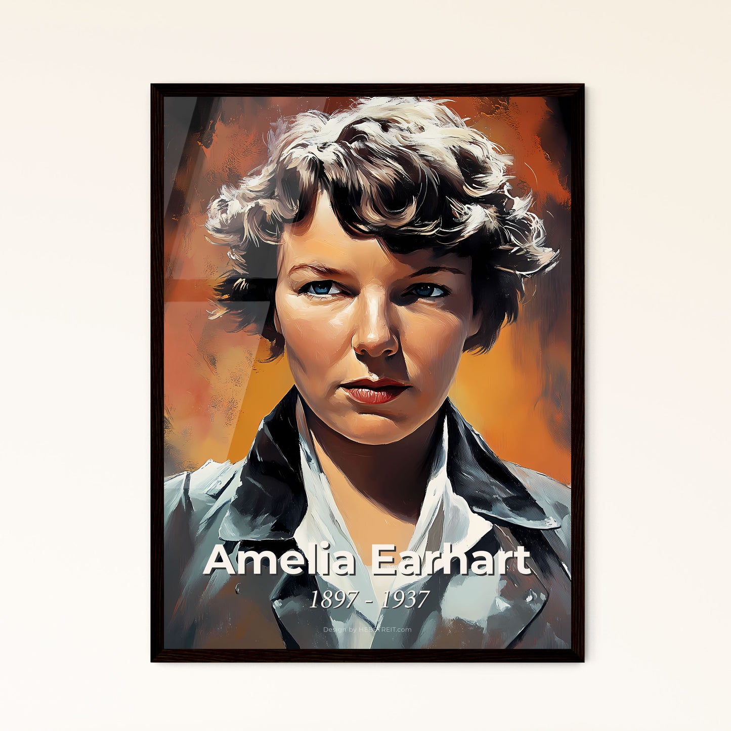 Portrait of Amelia Earhart, 1897 - 1937. Impressionistic painting of a woman with short curly hair.